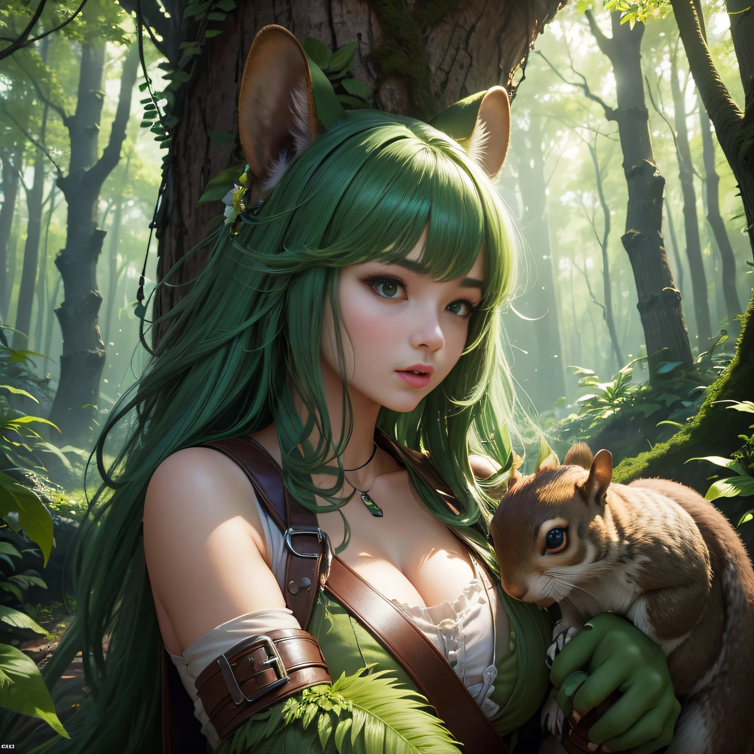 超A high resolution、An ultra-high picture quality、8K、Detailed details、marvelous expression、1 person woman、A big squirrel monster is your buddy、Monster Hunter Character Costumes、Have a big weapon、beautiful green deep forest background、