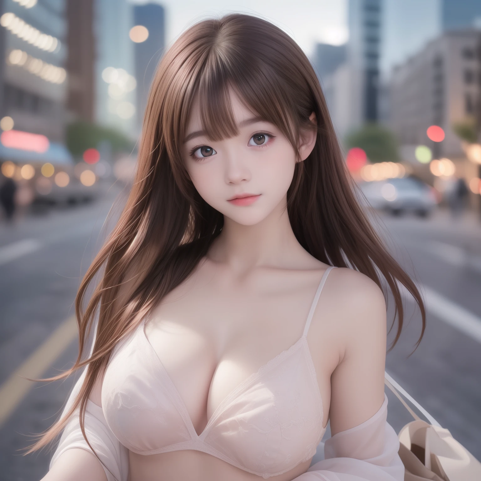 (8k raw photos, highest quality, masterpiece, 8k-UHD), (realistic, photorealistic: 1.37), (anatomically accurate and realistic skin), ultra high resolution, depth of field, film lighting, film grain, very cute  girl, tips, red eyes, long eyelash, bags under the eyes, cute face, very detailed eyes and hair, skin with beautiful details, happy smile, brown hair, thick bangs, shiny hair, curly, urban, cityscape,