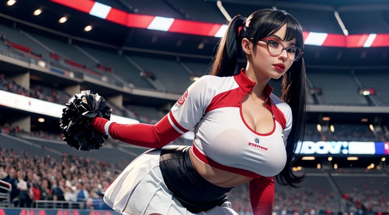 Only one european woman, 30 years old, There's an Adult Woman in a Stadium, wearing Black Cheerleader uniform, White Skirt , High Socks, Glasses, Dark Hair, Red Lips, Shadow eye, Slutty Makeup, twintails, beautiful chest, Big boobs, Clivage, Second life avatar, Beautiful screenshot, Second life, seductive woman, high quality, Very detailed skin