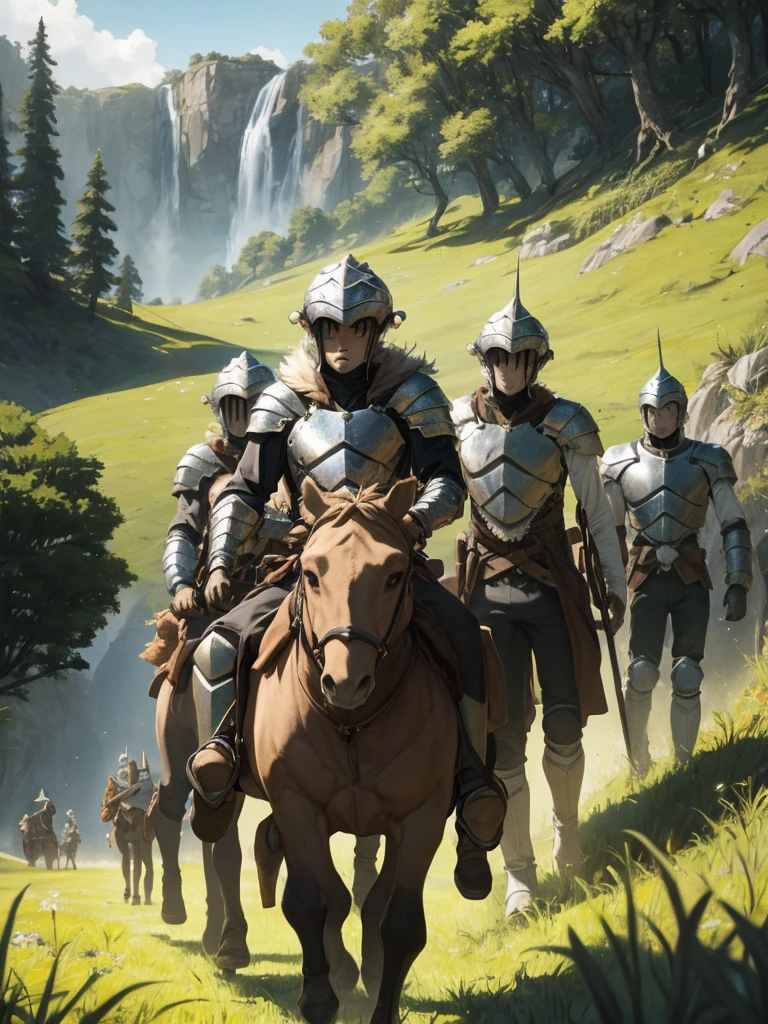 In a green meadow stands a man in armor leading a group of knights.
BREAK
With a brave expression, she guides them toward their destination.
BREAK
Behind her, uma floresta verde se estende e, Ademais, montanhas se erguem ao longe.
BREAK
The most suitable effect for this scene would be a watercolor painting technique to capture the softness of the meadow and the fluidity of movement.