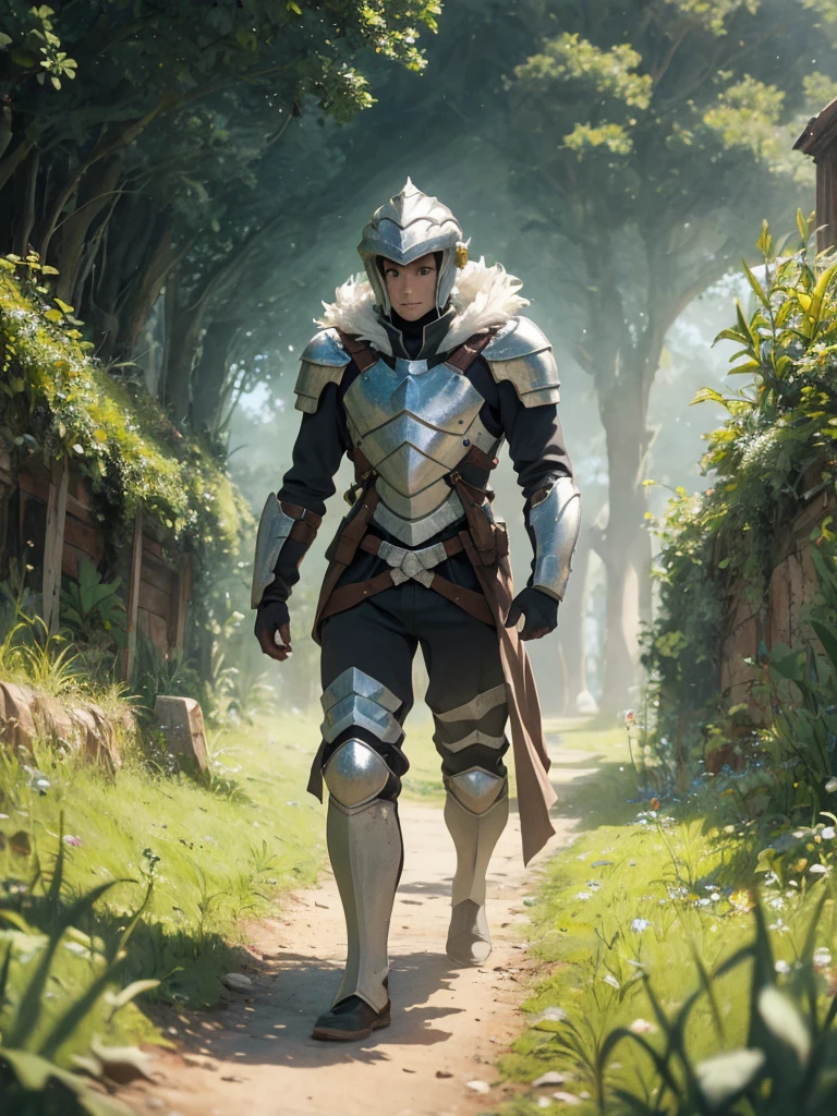In a green meadow stands a man in armor leading a group of knights.
BREAK
With a brave expression, she guides them toward their destination.
BREAK
Behind her, uma floresta verde se estende e, Ademais, montanhas se erguem ao longe.
BREAK
The most suitable effect for this scene would be a watercolor painting technique to capture the softness of the meadow and the fluidity of movement.