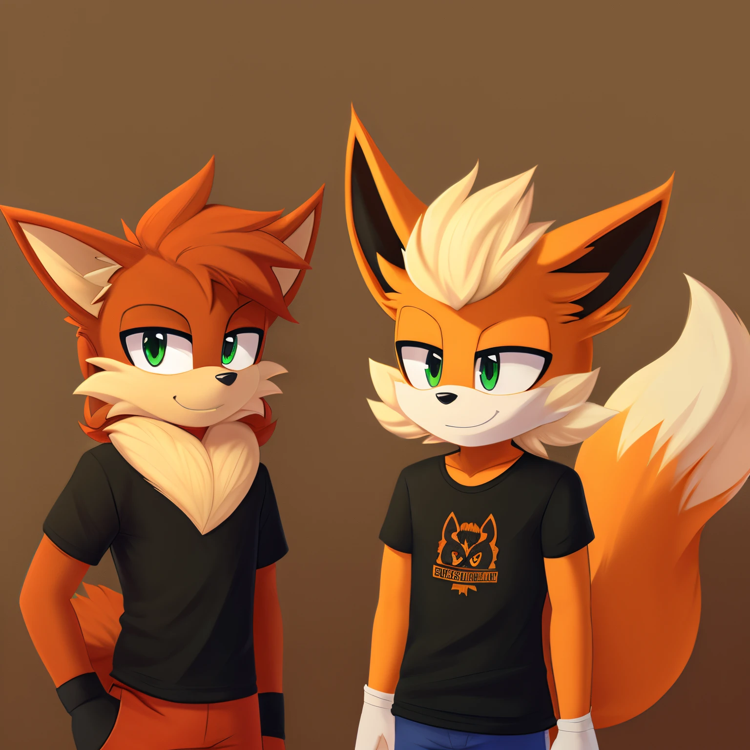 Male, mobian, Flareon, an anthropomorphic fox, mane of fur, dark green eyes, furry, confident expression, black T-shirt, tuft of fur on head, orangey red muzzle, fuzzy orangey red fur