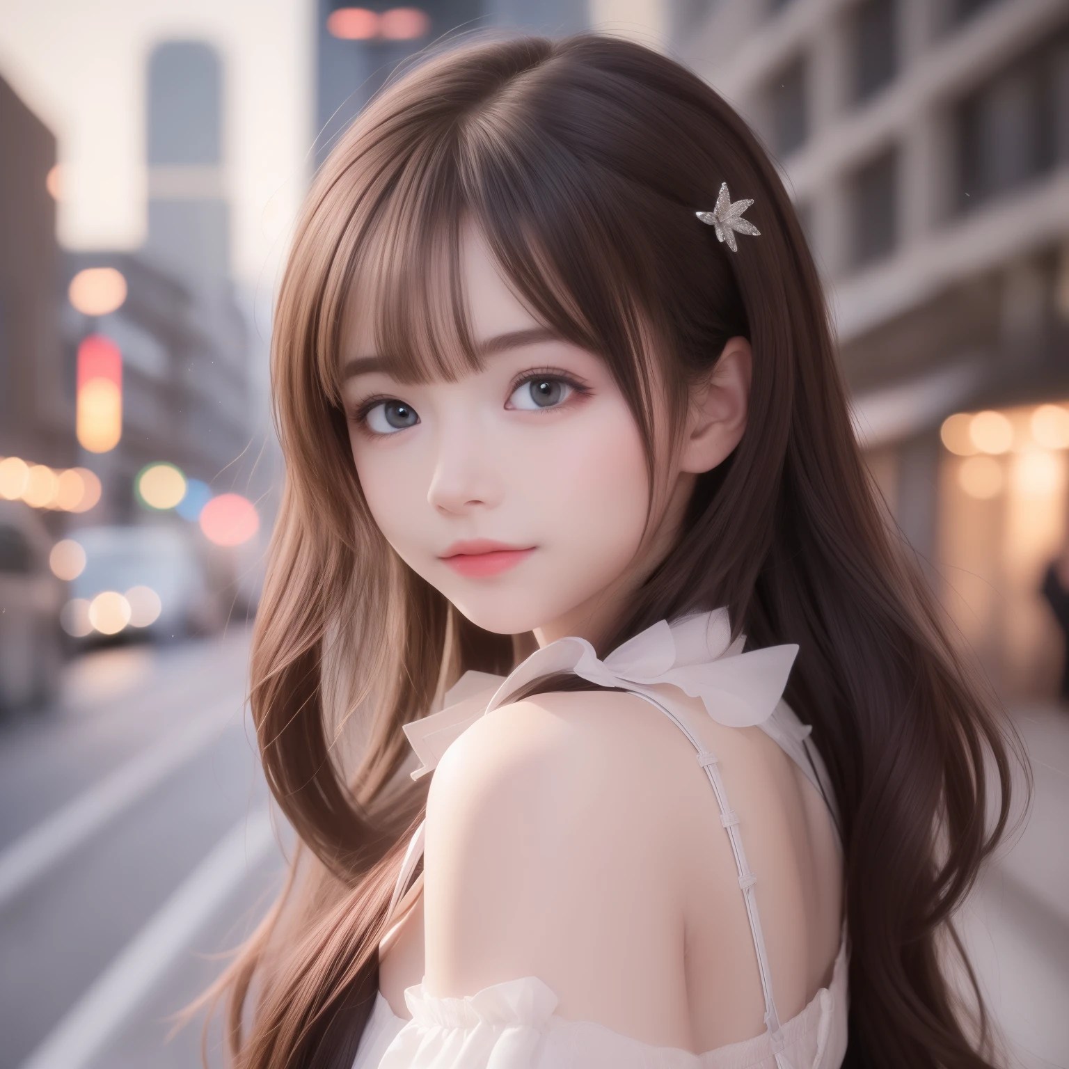 (8k raw photos, highest quality, masterpiece, 8k-UHD), (realistic, photorealistic: 1.37), (anatomically accurate and realistic skin), ultra high resolution, depth of field, film lighting, film grain, very cute 16 year old girl, tips, red eyes, long eyelash, bags under the eyes, cute face, very detailed eyes and hair, skin with beautiful details, happy smile, brown hair, thick bangs, shiny hair, curly, urban, cityscape,