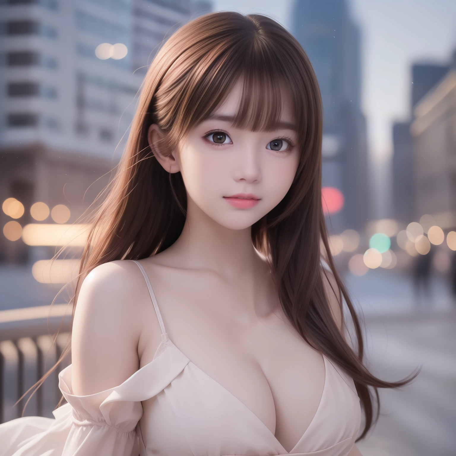 (8k raw photos, highest quality, masterpiece, 8k-UHD), (realistic, photorealistic: 1.37), (anatomically accurate and realistic skin), ultra high resolution, depth of field, film lighting, film grain, very cute 16 year old girl, tips, red eyes, long eyelash, bags under the eyes, cute face, very detailed eyes and hair, skin with beautiful details, happy smile, brown hair, thick bangs, shiny hair, curly, urban, cityscape,