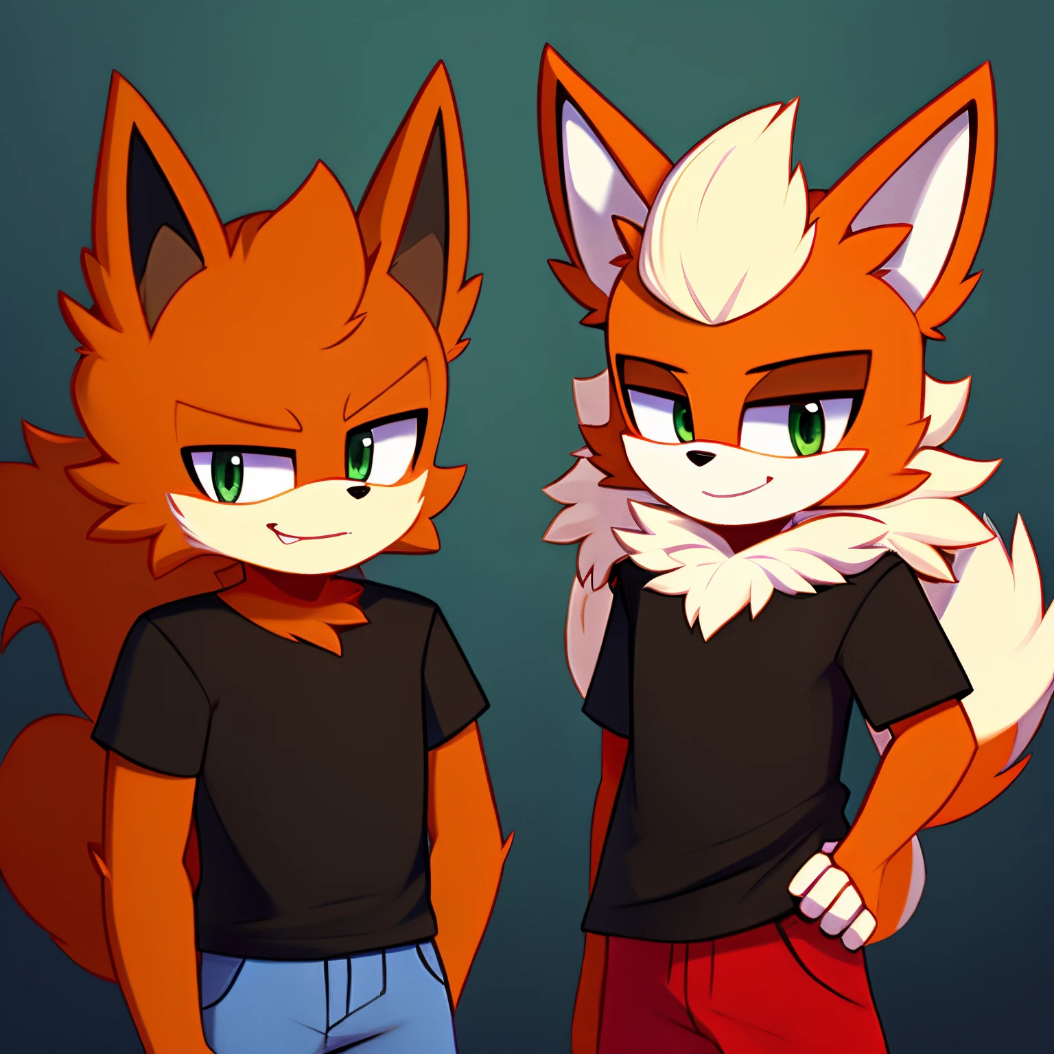 Male, mobian, Flareon, an anthropomorphic fox, mane of fur, dark green eyes, furry, confident expression, black T-shirt, tuft of fur on head, orangey red muzzle, fuzzy orangey red fur