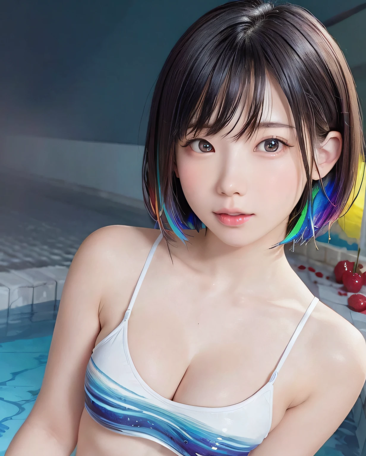(Level difference:1.8)、(Paint collisions and splashes on the canvas)、(depth of fields)、1 The side of the girl blends into it、(Lateral face)、Keep your mouth shut、(liquid paint rainbow berry short hair:1.5)It is made of paint and、Defying Gravity、Thick flow、(Paint Splatter:1.3)、Liquid state、stunningly beautiful、masterpiece、细致背景、Ultra high quality model、Air background、Abstract beauty、Explosive volume、 an oil painting、heavy strokes、Romantic lighting、Subsurface scattering、Lens 135mm、F1.8、Glow、8K、hight resolution、dream-like、Ray traching、nffsw、godrays、
