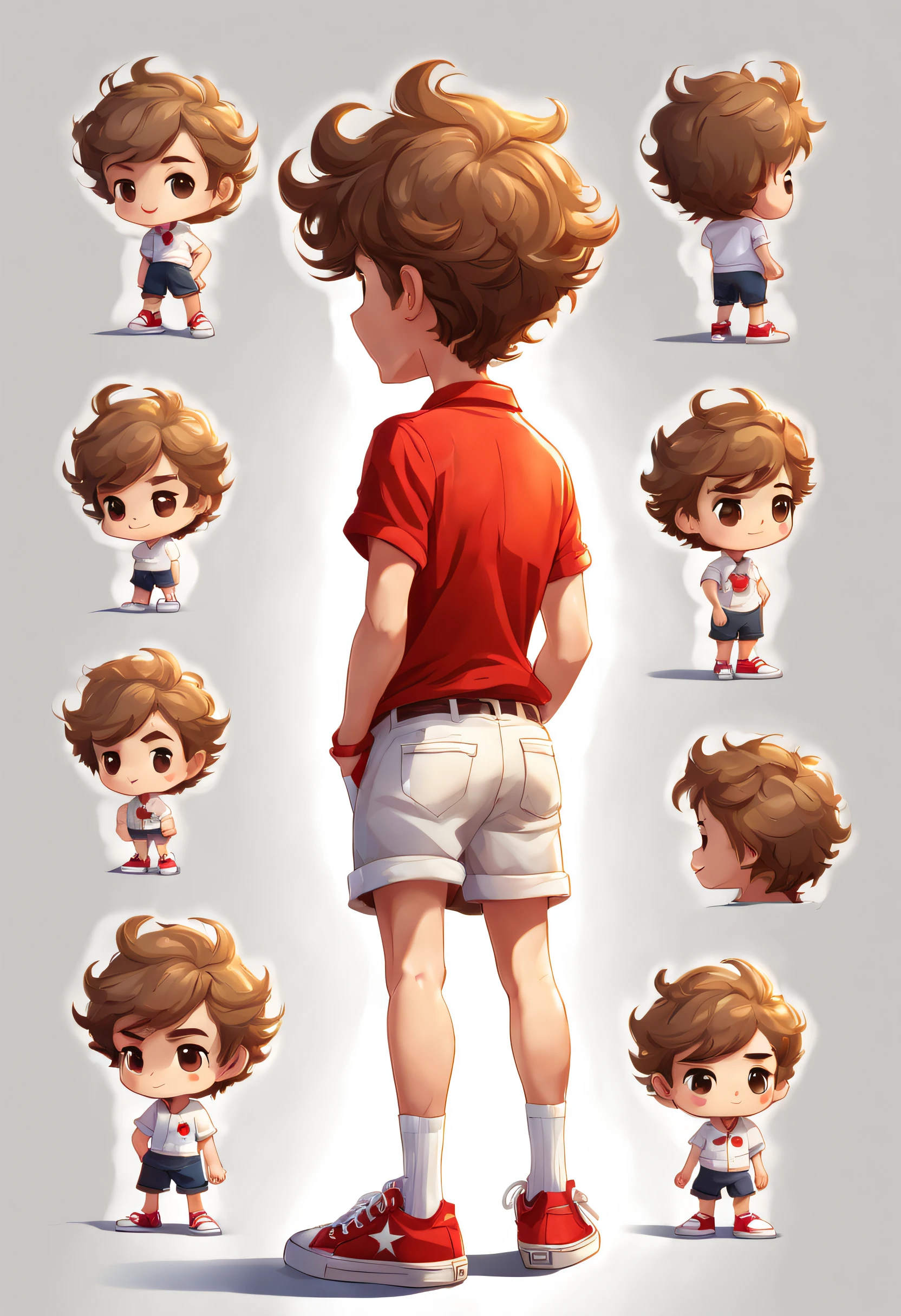 (((back view))), (((hands on waist))), cute stickers, style cartoon, cute Super Deformed Character, white border, high quality, colorful, Detailed illustration of a cute a (30 years old), thin man, (with short curly light brown hair), (light brown beard), wearing a white beach shirt, white shorts, red all star sneakers with a red shin-length sock, awesome full color, cartoon, soft shadows, points of light, soft lights, realistic elements, chibi