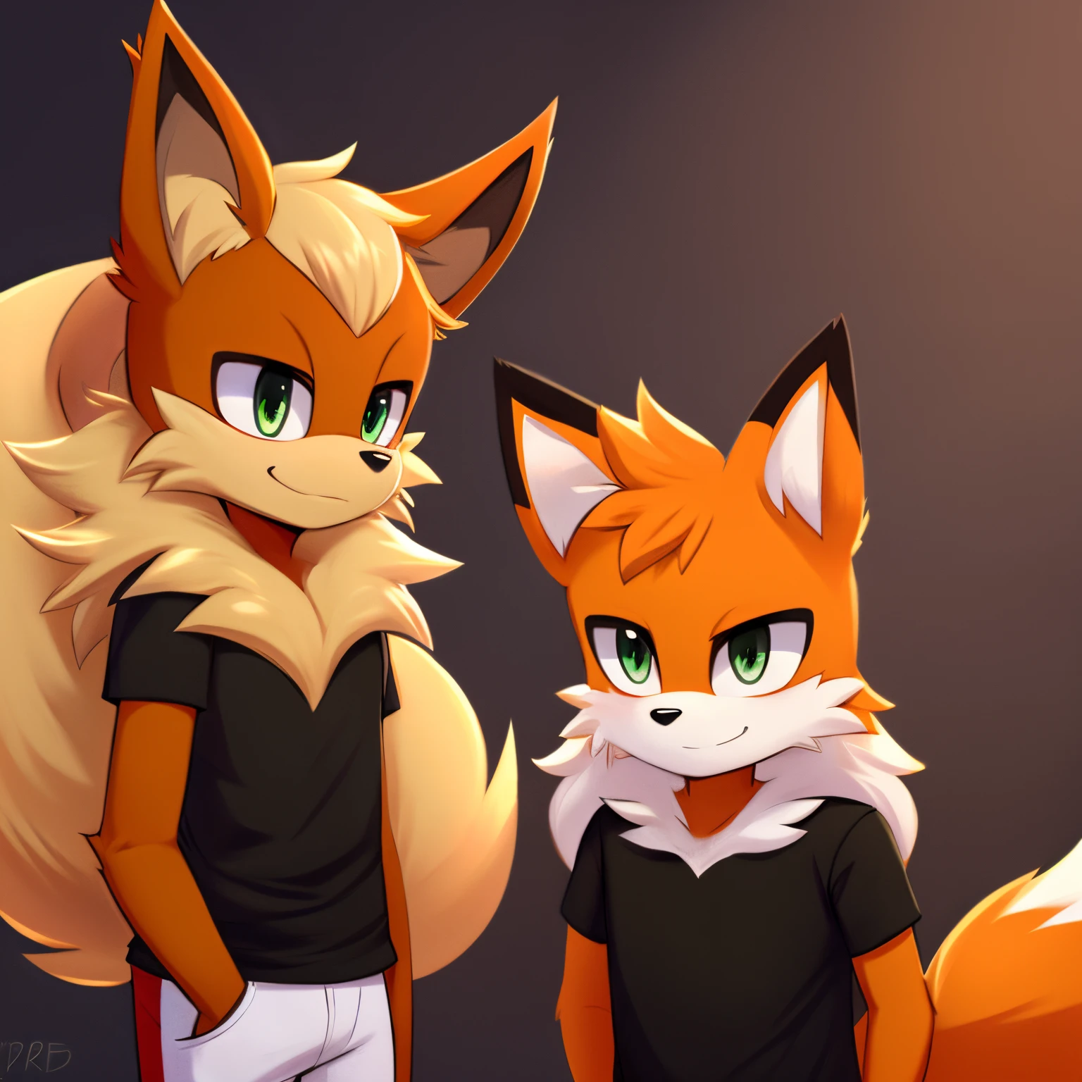 Male, mobian, Flareon, an anthropomorphic fox, mane of fur, dark green eyes, furry, confident expression, black T-shirt, tuft of fur on head, orangey red muzzle, fuzzy orangey red fur