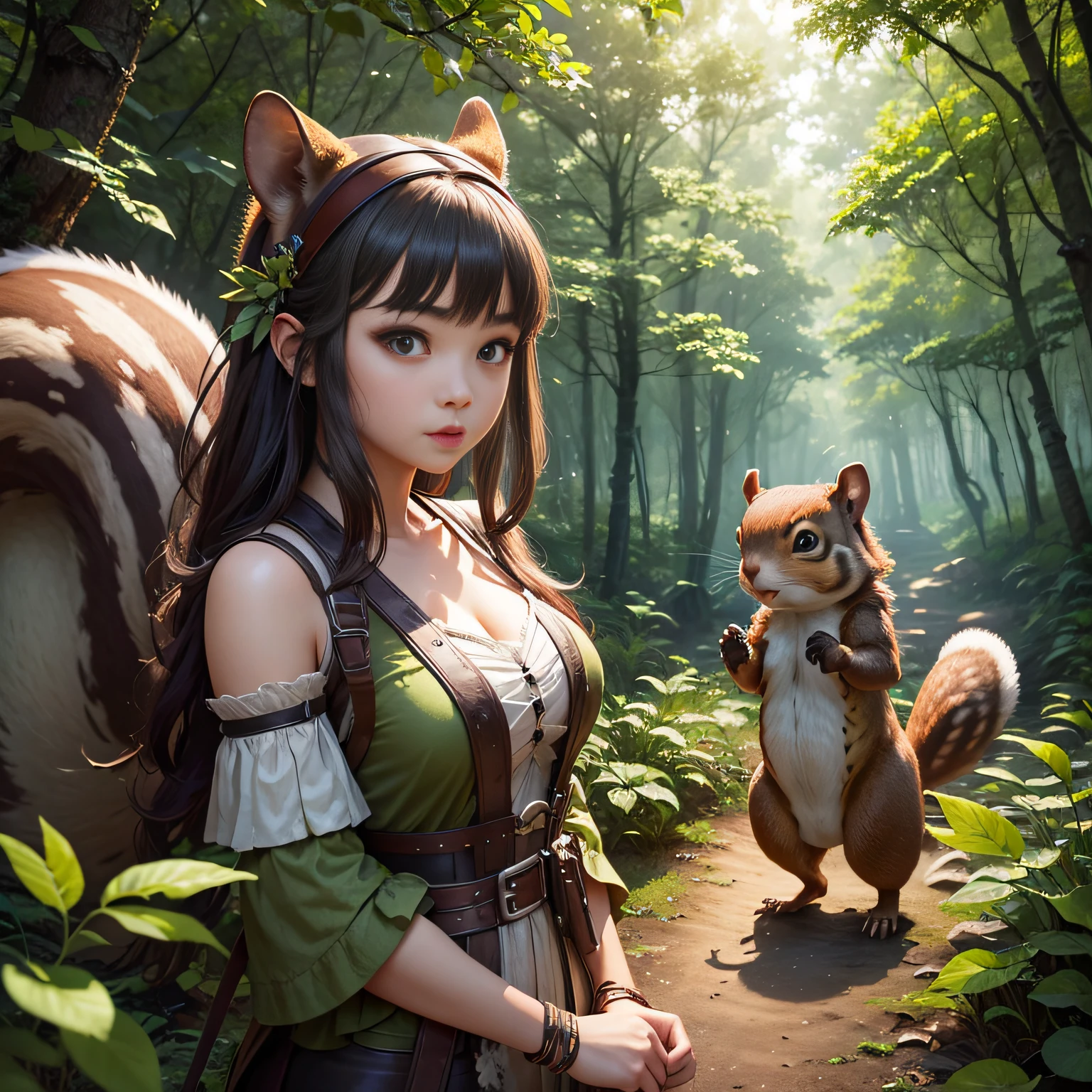 超A high resolution、An ultra-high picture quality、8K、Detailed details、marvelous expression、1 person woman、A big squirrel monster is your buddy、Monster Hunter Character Costumes、Have a big weapon、beautiful green deep forest background、