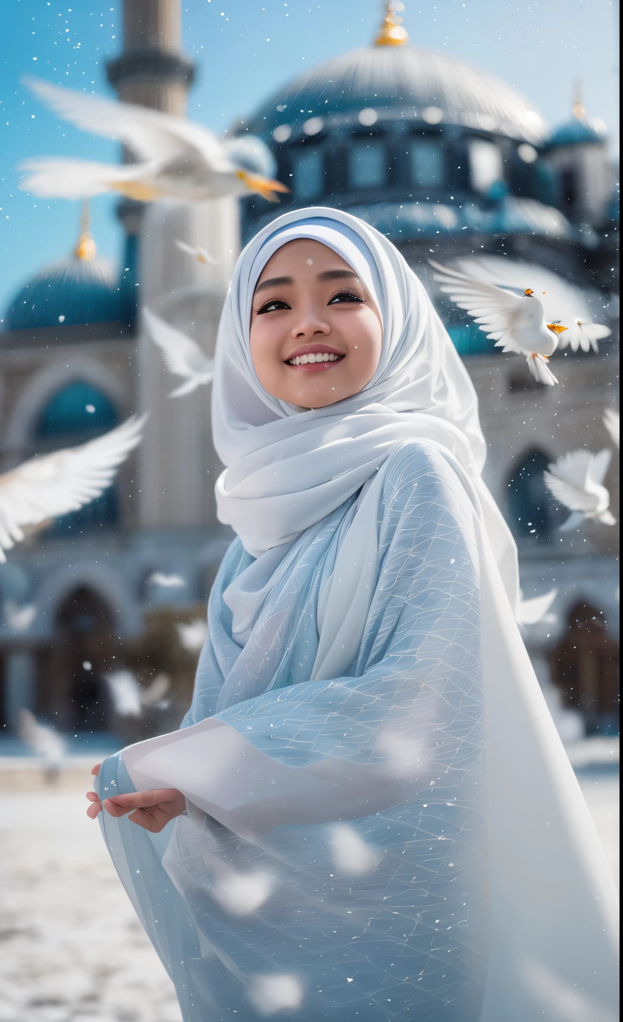 Best quality, 4K picture quality, 1 malay girl in hijab, white Hanfu, snow, long hijab fluttering in the wind, healing smile, large aperture, blurred background, blue mosque in background, lot of white birds flying above, 35mm, Over-the-shoulder shot, vibrant color grading, light leaks, starbursts, epic fantasy