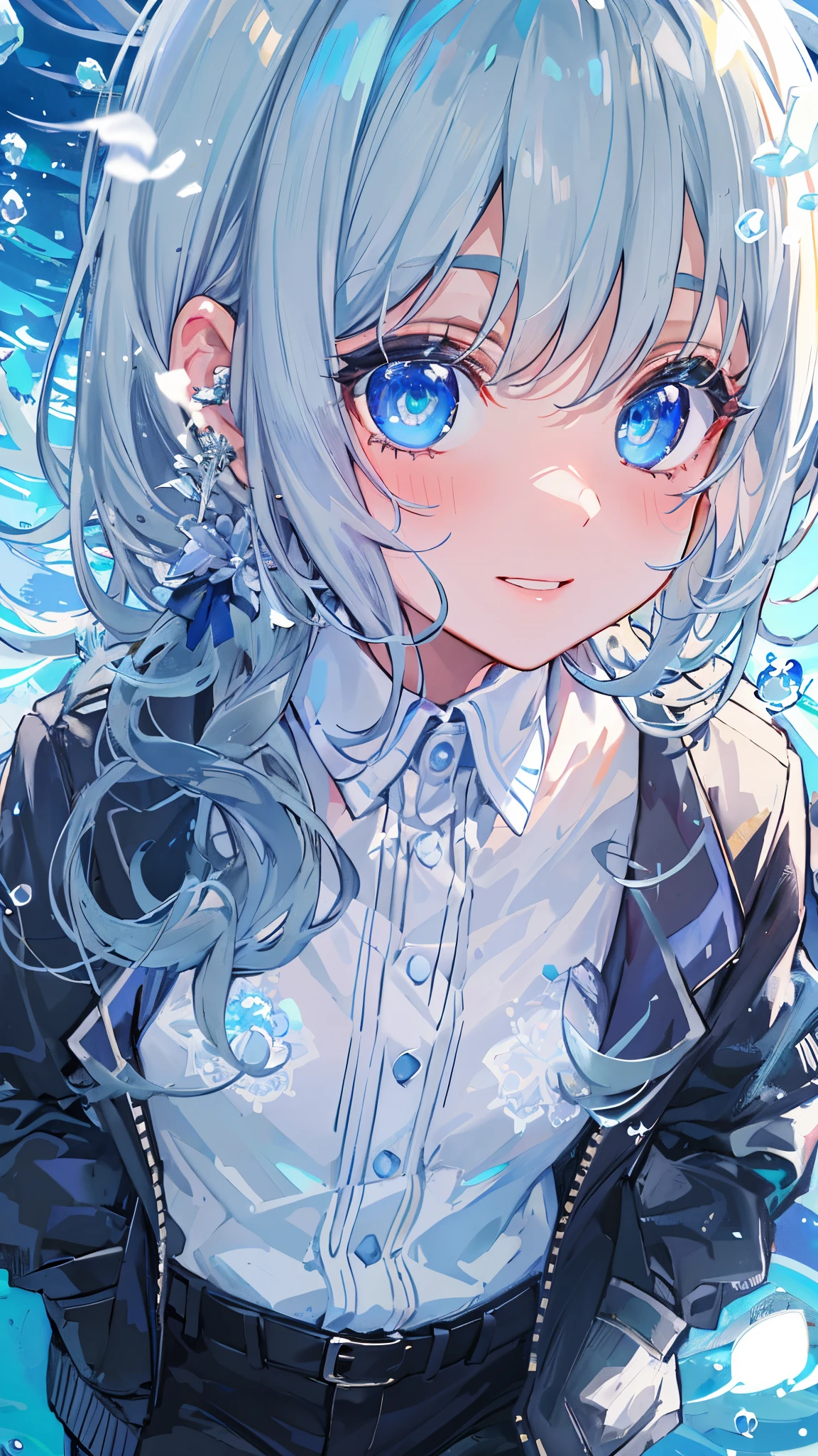 ((top-quality)), ((masterpiece)), ((ultra-detailliert)), (Extremely delicate and beautiful), girl with, 独奏, cold attitude,((Black jacket)),She is very(relax)with the(Settled down)Looks,depth of fields,Evil smile,Bubble, under the water, Air bubble,Underwater world bright light blue eyes,inner color with bright gray hair and light blue tips,,,,,Cold background,Bob Hair - Linear Art, shortpants、knee high socks、White uniform like school uniform、Light blue ribbon ties、Clothes are sheer、Hands in pockets、Bright eyes like sapphire,Fronllesse Blue, A small blue light was floating、fantastic eyes
