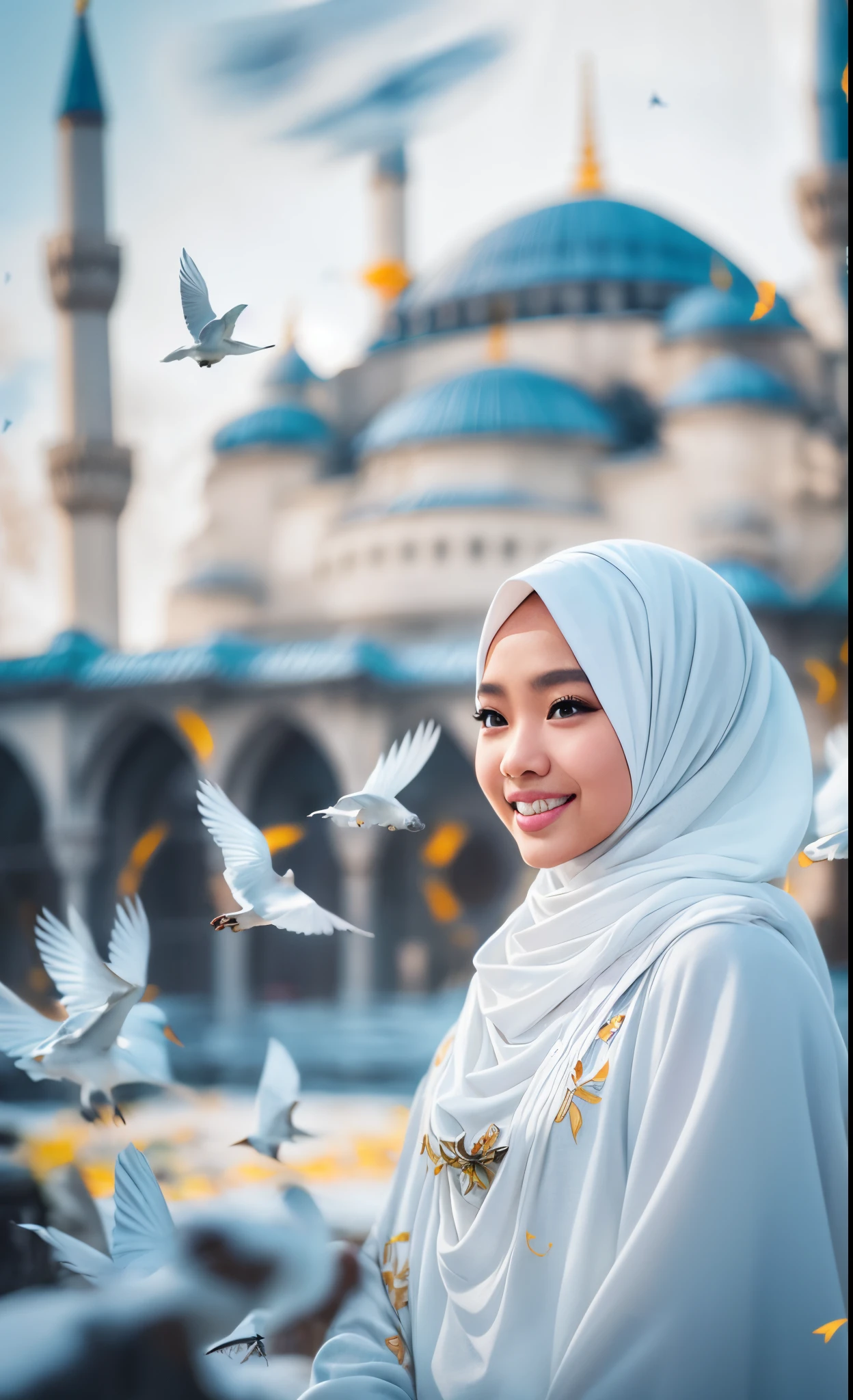 Best quality, 4K picture quality, 1 malay girl in hijab, white Hanfu, snow, long hijab fluttering in the wind, healing smile, large aperture, blurred background, blue mosque in background, lot of white birds flying above, 35mm, Over-the-shoulder shot, vibrant color grading, light leaks, starbursts, epic fantasy