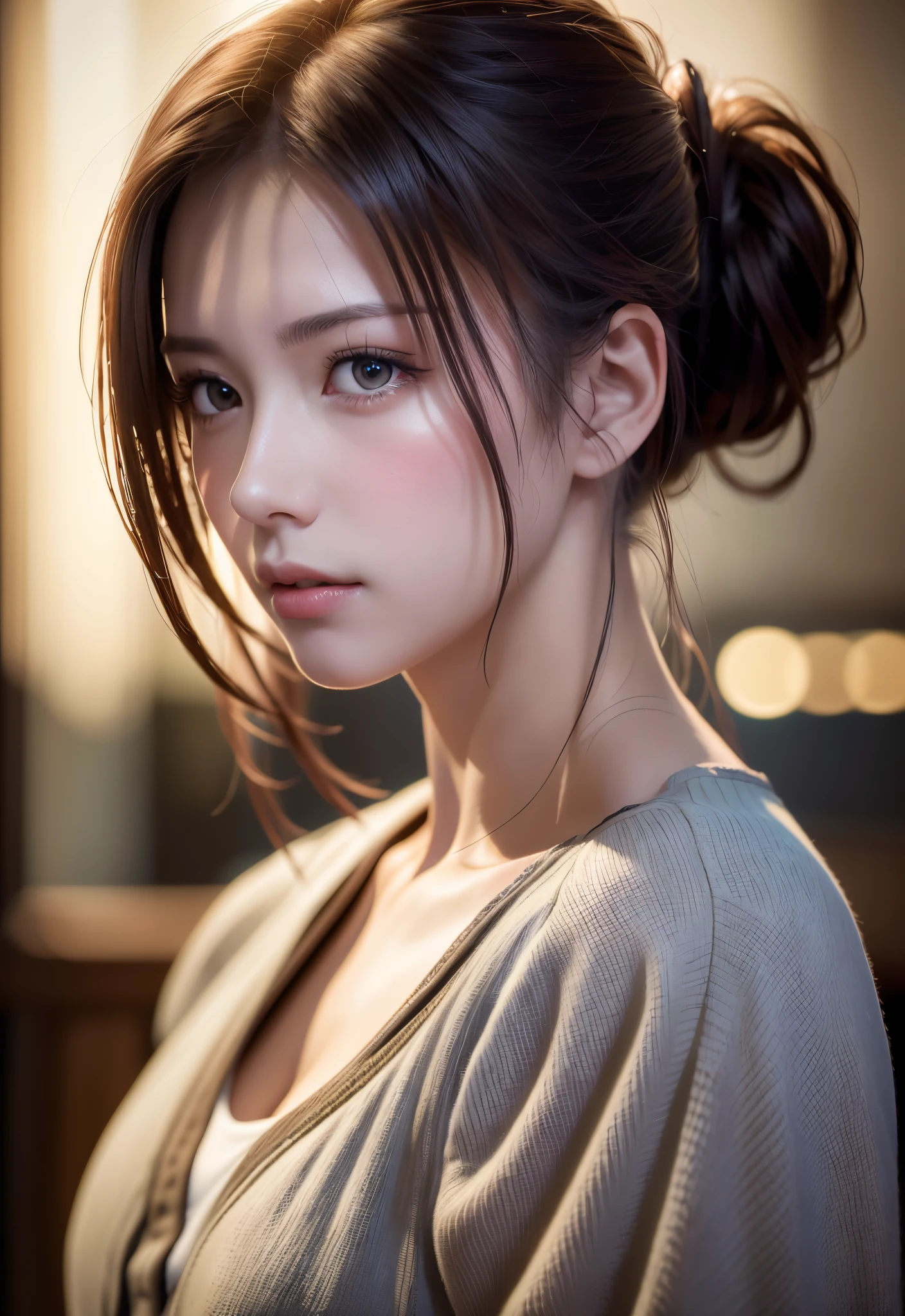 8K, of the highest quality, masutepiece:1.2), (Realistic, Photorealsitic:1.37), of the highest quality, masutepiece, Beautiful young woman, Pensive expression, Thoughtful look, Elegantly dressed, Hair tied back, Messy mood, Cinematic background, Tired, Light skin tone