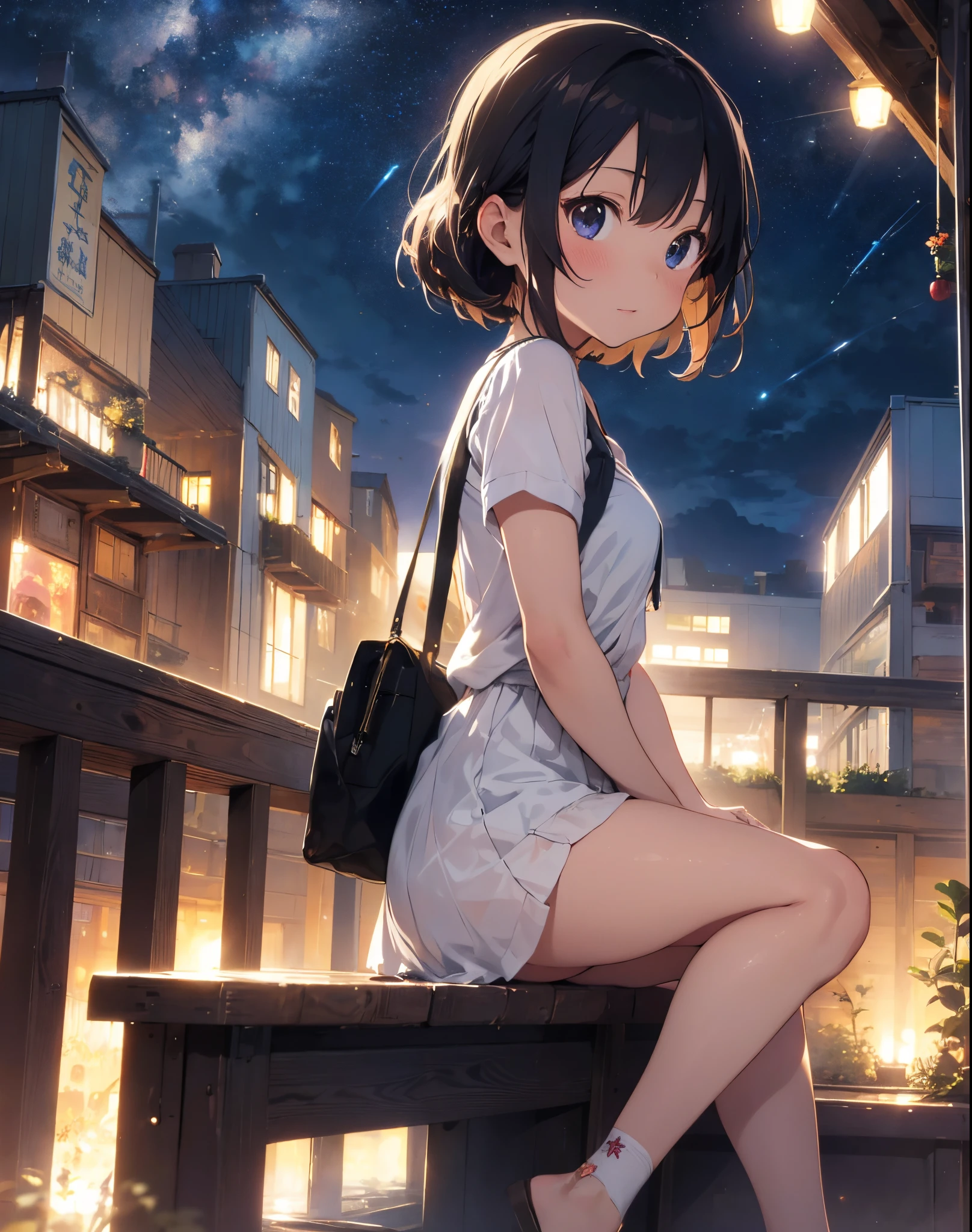 best quality, masterpiece, extremely detailed, detailed background, anime, 1girl, young girl, short girl, sci-fi, science fiction, outdoors, night, starry sky, greenhouse, megastructure, bio-dome, landscape, scenery, horizon, rooftop, sitting on rooftop, wind, looking away, atmospheric lighting, solo focus, close up, from side, depth of field, bokeh