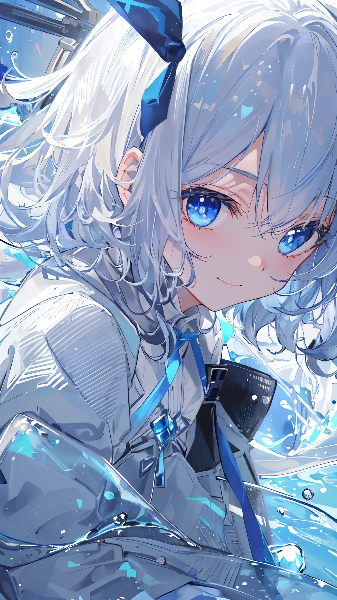 ((top-quality)), ((​masterpiece)), ((ultra-detailliert)), (Extremely delicate and beautiful), girl with, 独奏, cold attitude,((Black jacket)),She is very(relax)with  the(Settled down)Looks,depth of fields,Evil smile,Bubble, under the water, Air bubble,Underwater world bright light blue eyes,inner color with bright gray hair and light blue tips,,,,,Cold background,Bob Hair - Linear Art, shortpants、knee high socks、White uniform like school uniform、Light blue ribbon ties、Clothes are sheer、Hands in pockets、Bright eyes like sapphire,Fronllesse Blue, A small blue light was floating、fantastic eyes