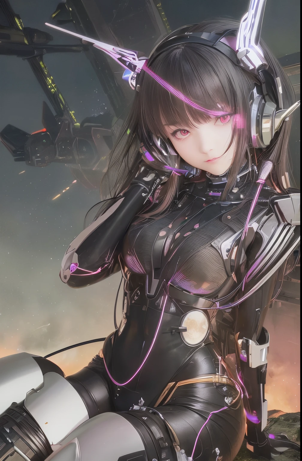 Top quality, masterpiece, ultra high resolution, (photorealistic: 1.4), raw photo, futuristic town perspective, futuristic skyscrapers, beautiful girl age 17 year old standing on a futuristic street corner, black hair, shiny skin, 1 Gundam mecha girl, (((ultra-realistic details)), sidmead-style mecha design, portrait, global illumination, shadow, octane rendering, 8K, Ultra Sharp, Big, Cleavage Exposed Raw Skin, Metal, Intricate Ornamental Details, Headset, Hydraulic Cylinder, Very Intricate Details, Realistic Light, CGSoation Trend, Purple Eyes, Glowing Eyes, Facing the Camera, Neon Details, Mechanical Limbs, Blood Vessels Connected to Tubes, Mechanical Vertebrae Attached to the White, Mechanical Cervical Attachment to the Neck, sitting, wires and cables connecting to the head, Gundam suit, cyberpunk, small LED lamps,