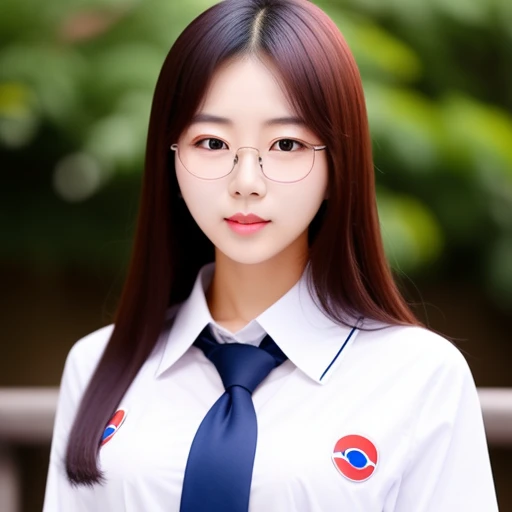 Young Korean woman, sharp eyes, thin pink lips, age 23, wears glasses, white skin, straight hair, very long, big breasts, wears a Korean school uniform, ties, and stands in a beautiful pose.
