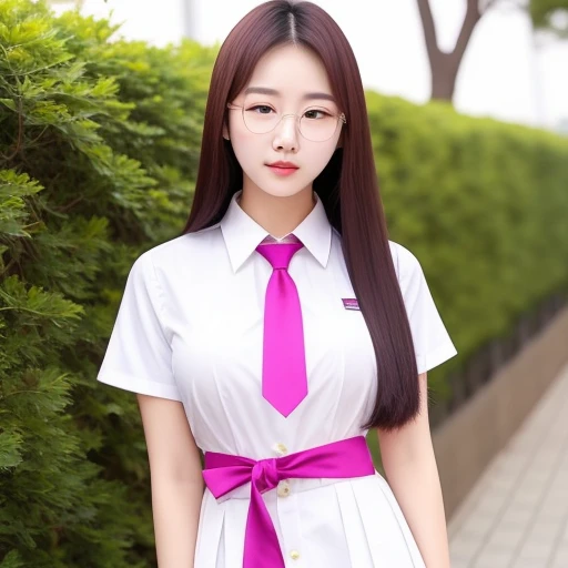 Young Korean woman, sharp eyes, thin pink lips, age 23, wears glasses, white skin, straight hair, very long, big breasts, wears a Korean school uniform, ties, and stands in a beautiful pose.