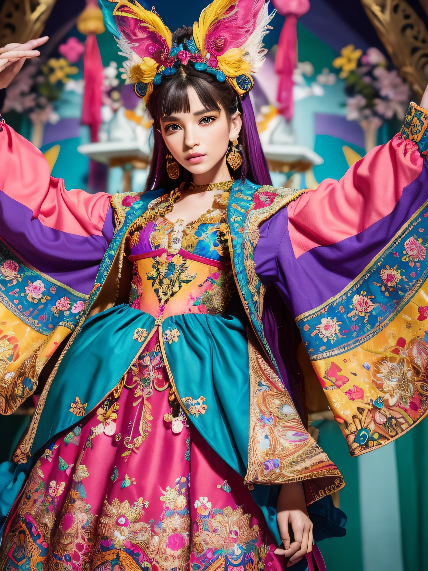 In a whimsically vibrant fantasy painting, an enchanting outfit concept comes to life, pose from various angles, full body,The main subject is a flamboyantly eccentric fashion ensemble that defies convention. The image, an intricately detailed painting, showcases a kaleidoscope of colors, textures, and patterns. The craftsmanship is impeccable, with meticulously hand-sewn embellishments and exquisite embroidery. The ensemble exudes an air of playfulness and uniqueness, with mismatched accessories and unexpected combinations. This captivating image immerses viewers in a world where fashion is an art form, and individuality knows no bounds.