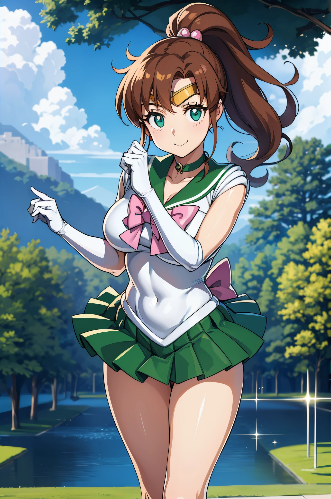 Looking at Viewer, View here、Looking at the camera、the sailor jupiter、nffsw , Thigh opening、open one's legs、Opening legs、Bare legged、Face exposed to light、Raise one leg、Sparkling eyes、Lively eyes、Crisp Contours、Clear contour lines、Clear contour lines、Detailed contours、Blue eyes、Big eyes、Clear eyes、clearly defined eyes、poneyTail、Brown hair、white leotard、White Gloves、Long gloves、Pink ribbon、a golden tiara、Green brooch、Green sailor color、Green miniskirt、Green pleated skirt、Green elbow pads、Green boots、Sailor Moon、A smile、A smile、Proud face、which are full of confidence々Face、cute face,((masutepiece)),((Best Quality)),Ultra-detailed,illustratio,explicit,Beautiful body,Beautiful nose,Beautiful character design,Perfect eyes,Perfect face,Wallpaper,超A high resolution,4K,Photography,(Beautiful, Large breasts:1.2),(Beautiful face:1.2),(Beautiful legs, Perfect legs),Shiny skin,official style,1girl in,masterpiece、Top image quality、Detailed details、One girl,Large breasts、grass field、lawn