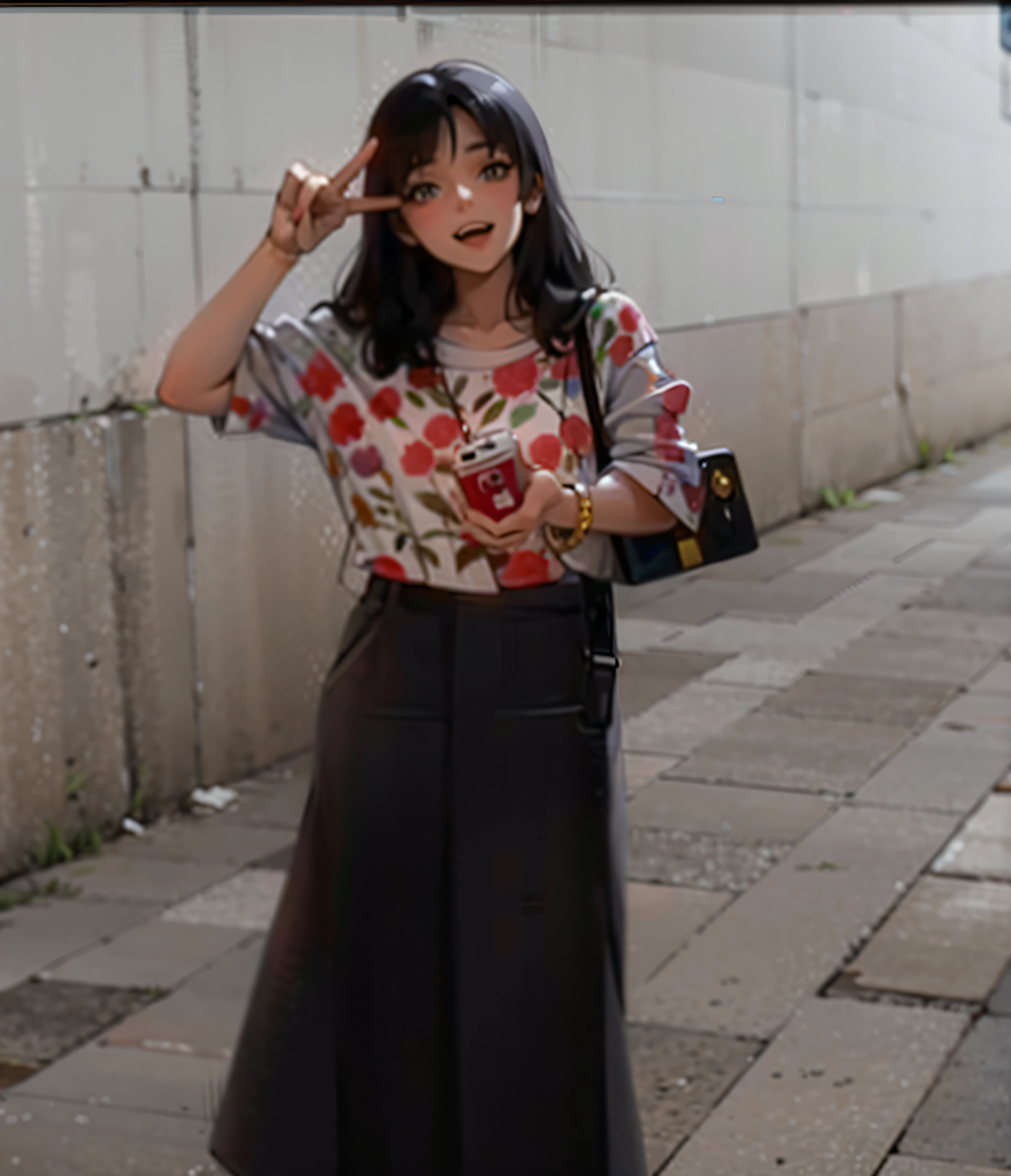style of anime,The background is Japanese anime street scene,Has a light feel from light sunlight,All-encompassing, It has the style of Japanese anime movie Makoto Shinkai,girl fingers thanye,Looking at the camera and smiling,Big eyes of water elf,Wearing a more textured floral shirt with a black denim skirt,Wearing a simple crystal bracelet