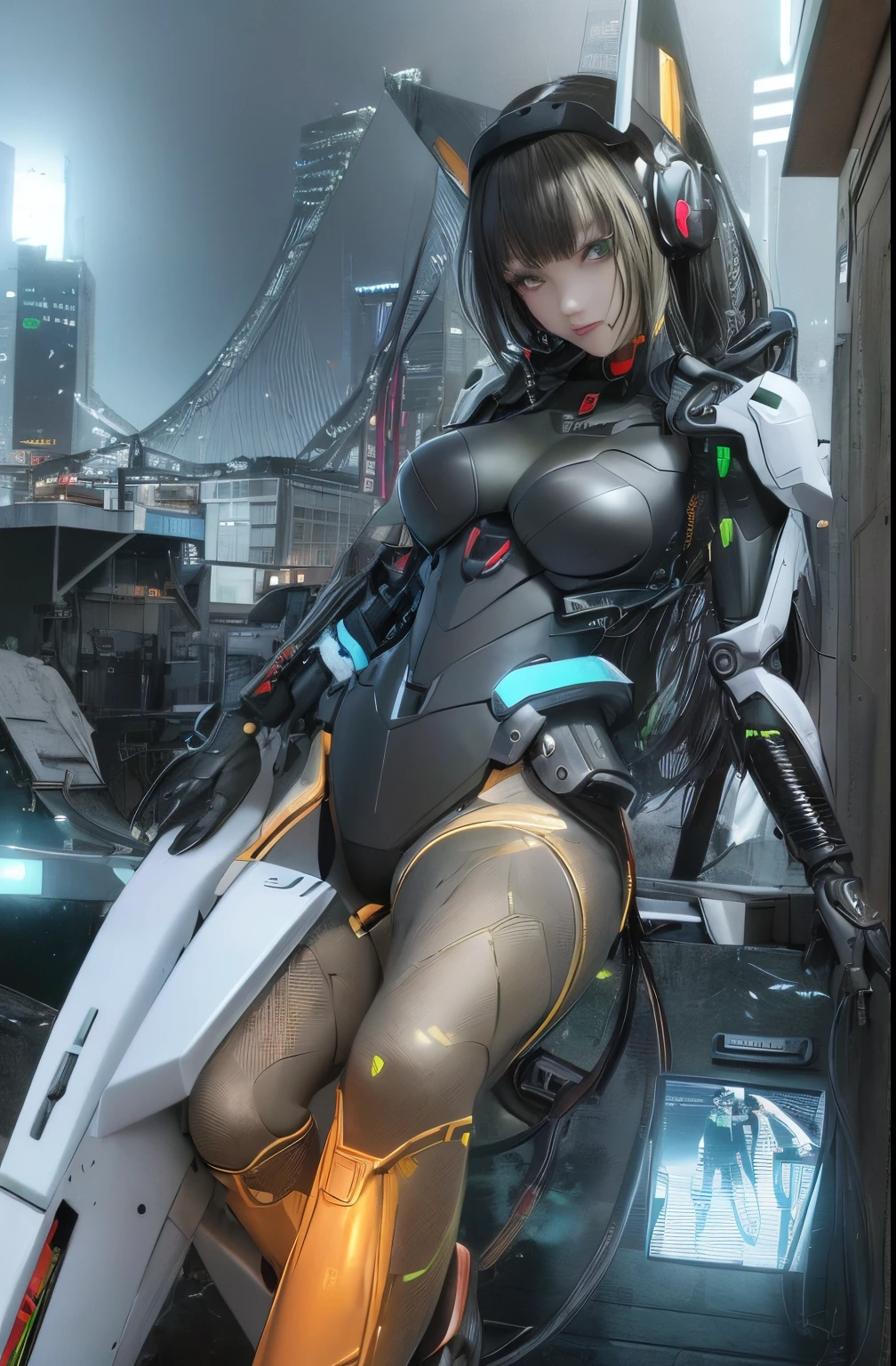Top quality, masterpiece, ultra high resolution, (photorealistic: 1.4), raw photo, futuristic town perspective, futuristic skyscrapers, beautiful girl standing on a futuristic street corner, black hair, shiny skin, 1 Gundam mecha girl, (((ultra-realistic details)), sidmead-style mecha design, portrait, global illumination, shadow, octane rendering, 8K, Ultra Sharp, Big, Cleavage Exposed Raw Skin, Metal, Intricate Ornamental Details, Headset, Hydraulic Cylinder, Very Intricate Details, Realistic Light, CGSoation Trend, Purple Eyes, Glowing Eyes, Facing the Camera, Neon Details, Mechanical Limbs, Blood Vessels Connected to Tubes, Mechanical Vertebrae Attached to the White, Mechanical Cervical Attachment to the Neck, sitting, wires and cables connecting to the head, Gundam suit, cyberpunk, small LED lamps,