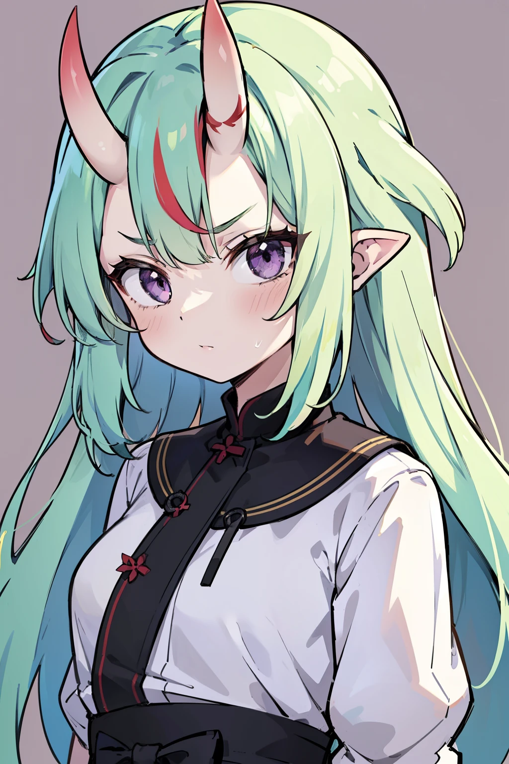 masterpiece, best quality, 4k, face close-up, portrait, 1girl, solo, beige hair, light green hair, pale green hair long hair, purple eyes, small breasts, ((oni girl, oni horns, forehead horns)), serious, neutral, angry, white blouse, one piece blouse, medieval fashion, standing, arms behind back, looking at viewer, ((color streaked background, grafitti background, abstract background))
