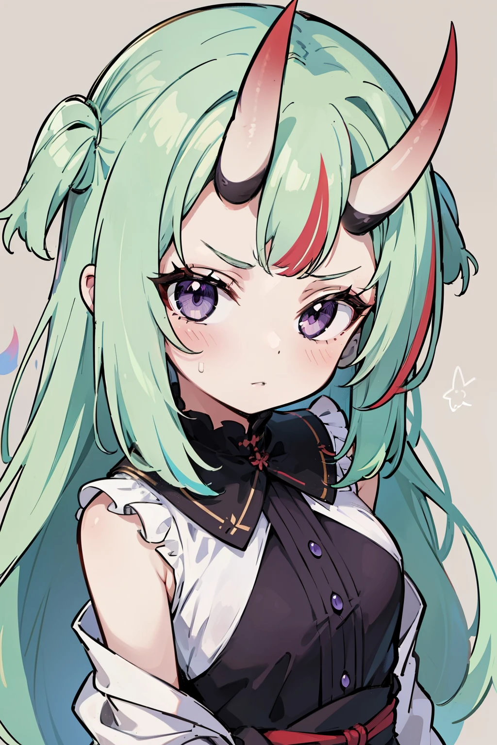 masterpiece, best quality, 4k, face close-up, portrait, 1girl, solo, beige hair, light green hair, pale green hair long hair, purple eyes, small breasts, ((oni girl, oni horns, forehead horns)), serious, neutral, angry,  white blouse, one piece blouse, medieval fashion, standing, arms behind back, looking at viewer, ((color streaked background, grafitti background, abstract background))