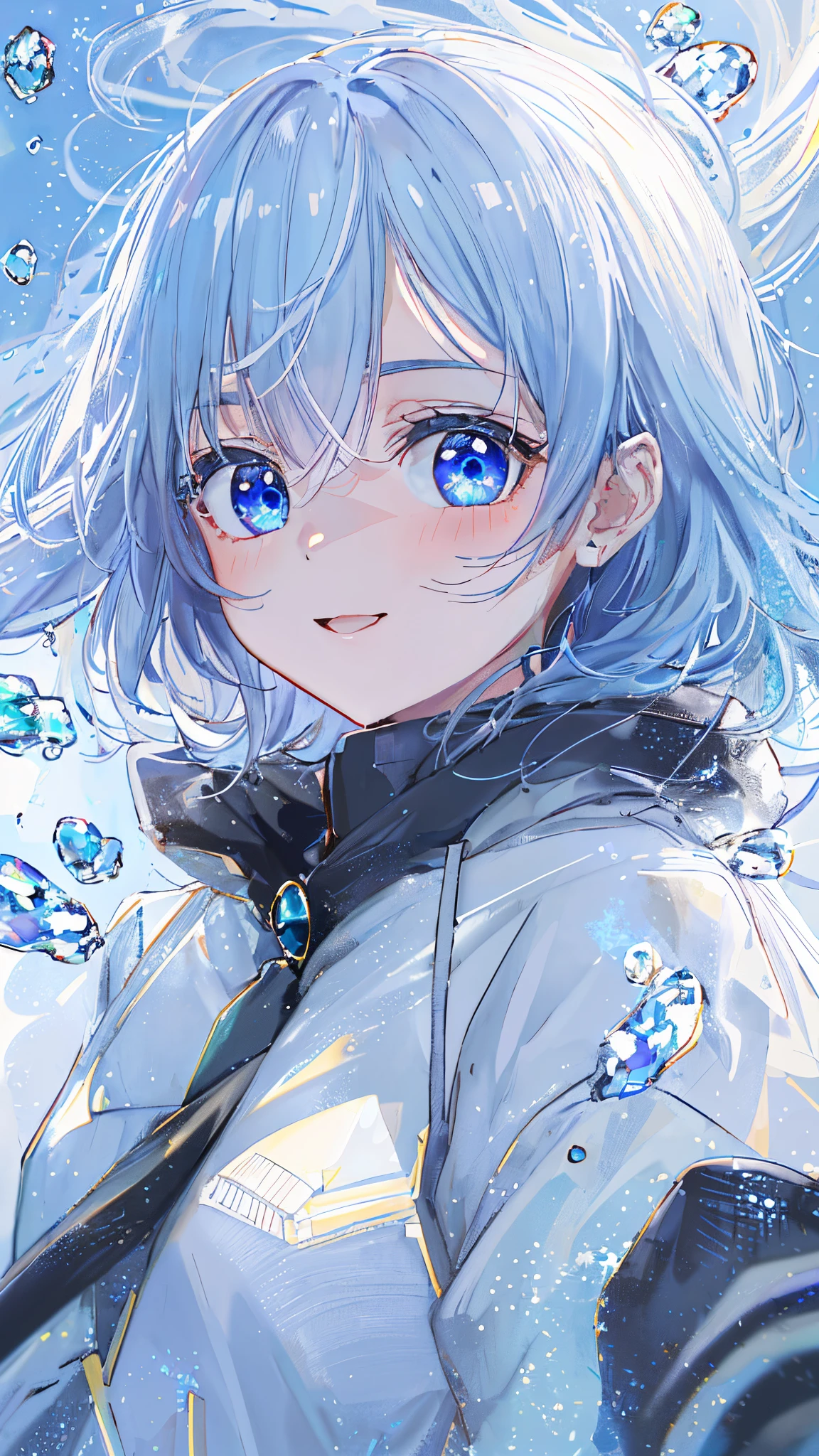 ((top-quality)), ((masterpiece)), ((ultra-detailliert)), (Extremely delicate and beautiful), girl with, 独奏, cold attitude,((Black jacket)),She is very(relax)with the(Settled down)Looks,depth of fields,Evil smile,Bubble, under the water, Air bubble,Underwater world bright light blue eyes,inner color with bright gray hair and light blue tips,,,,,,Cold background,Bob Hair - Linear Art, shortpants、knee high socks、White uniform like school uniform、Light blue ribbon ties、Clothes are sheer、Hands in pockets、Bright eyes like sapphire,Fronllesse Blue, A small blue light was floating、fantastic eyes