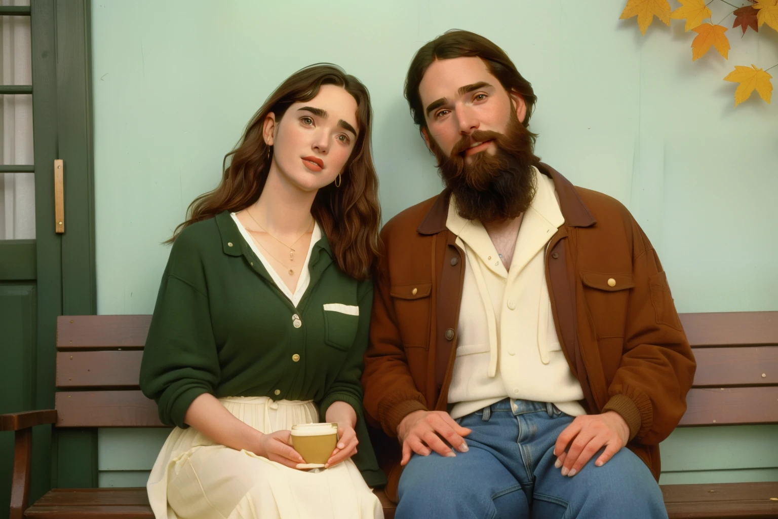 1996, Berkshire County, Massachusetts. Pre-raphaelite ((((44-year-old)) Jennifer Connelly)), with a triangle bearded man, front porch bench, smile, ((happiness expression)), autumn, ((((casual Clothing from the 1990s)))), ((short Hairstyle of the 1990s)), ((Wes Anderson cinematic style)), colorful