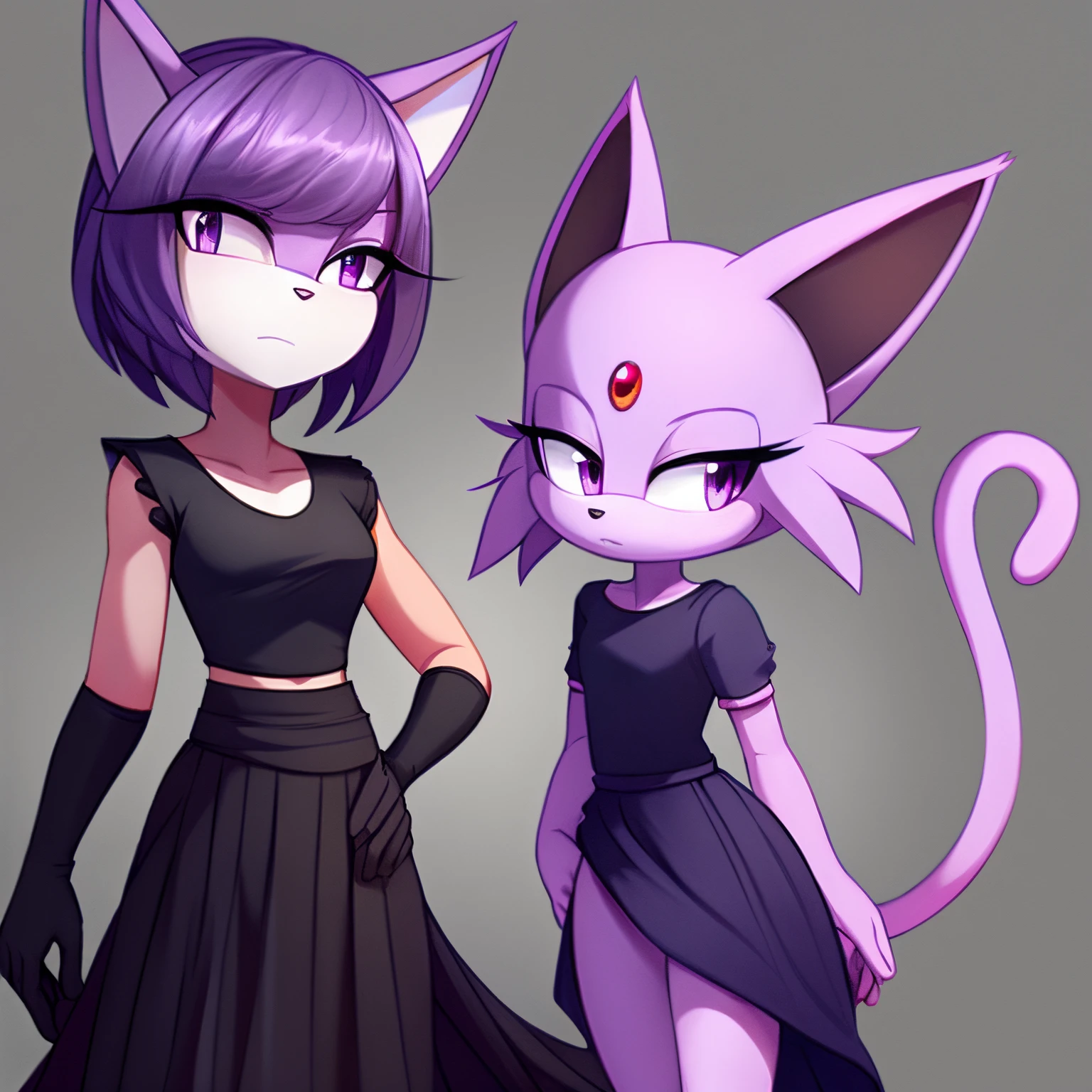 Female, mobian, Espeon, an anthropomorphic cat, purple eyes, furry, calm expression, flowing grey vest with long backside and black trims, long shoulder less sleeves, long black skirt, hair bangs, short hair, light purple muzzle, light purple fur