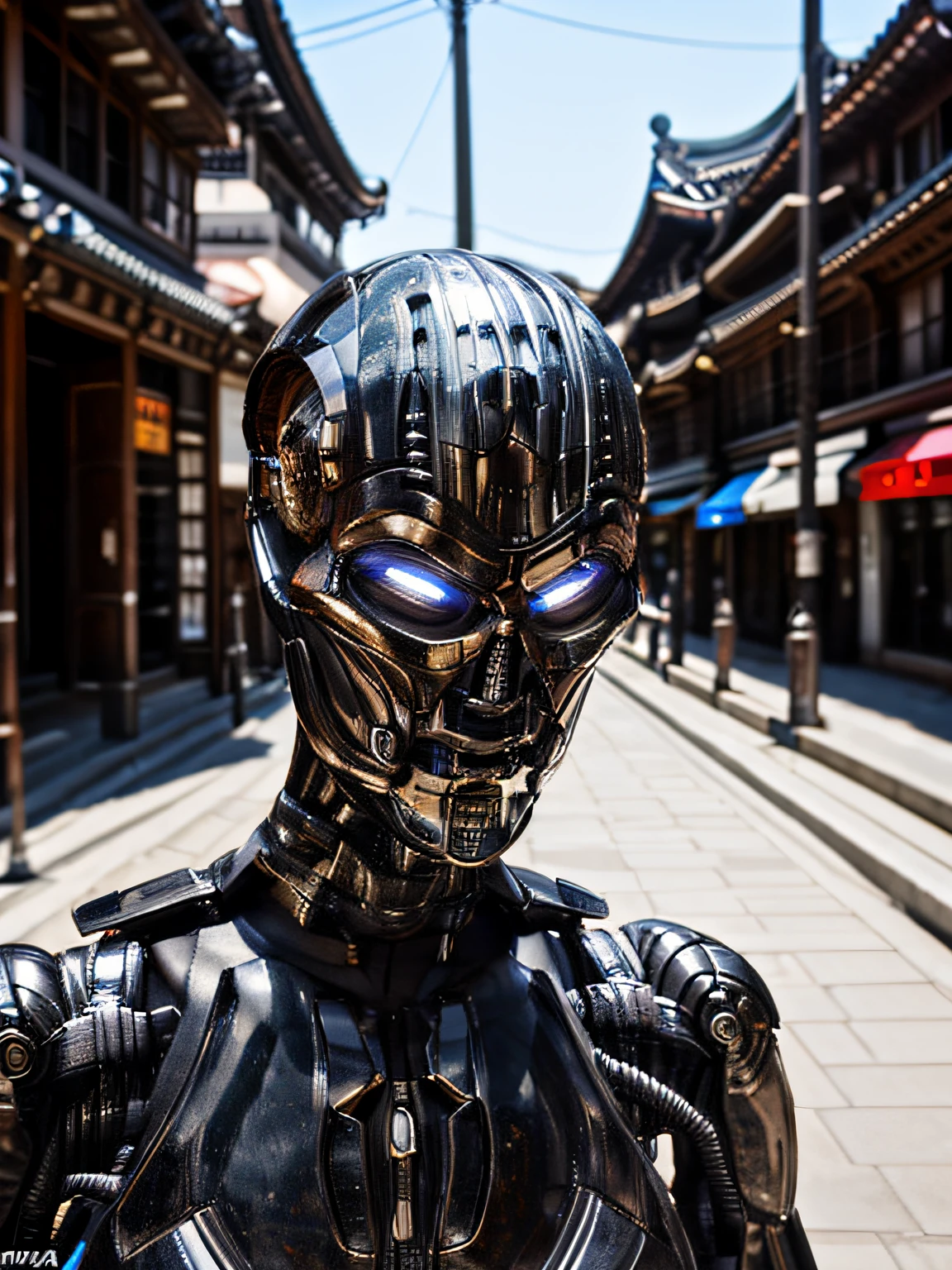 ultra realistic, TX endoskeleton in seoul street, daytime, sunshine, clear lighting, (T-X Endoskeleton:1.1), detailed TX endoskeleton, ultrarealistic TX endoskeleton, sharp details, photorealistic, deep focus, very high quality, ultra HD, 8K