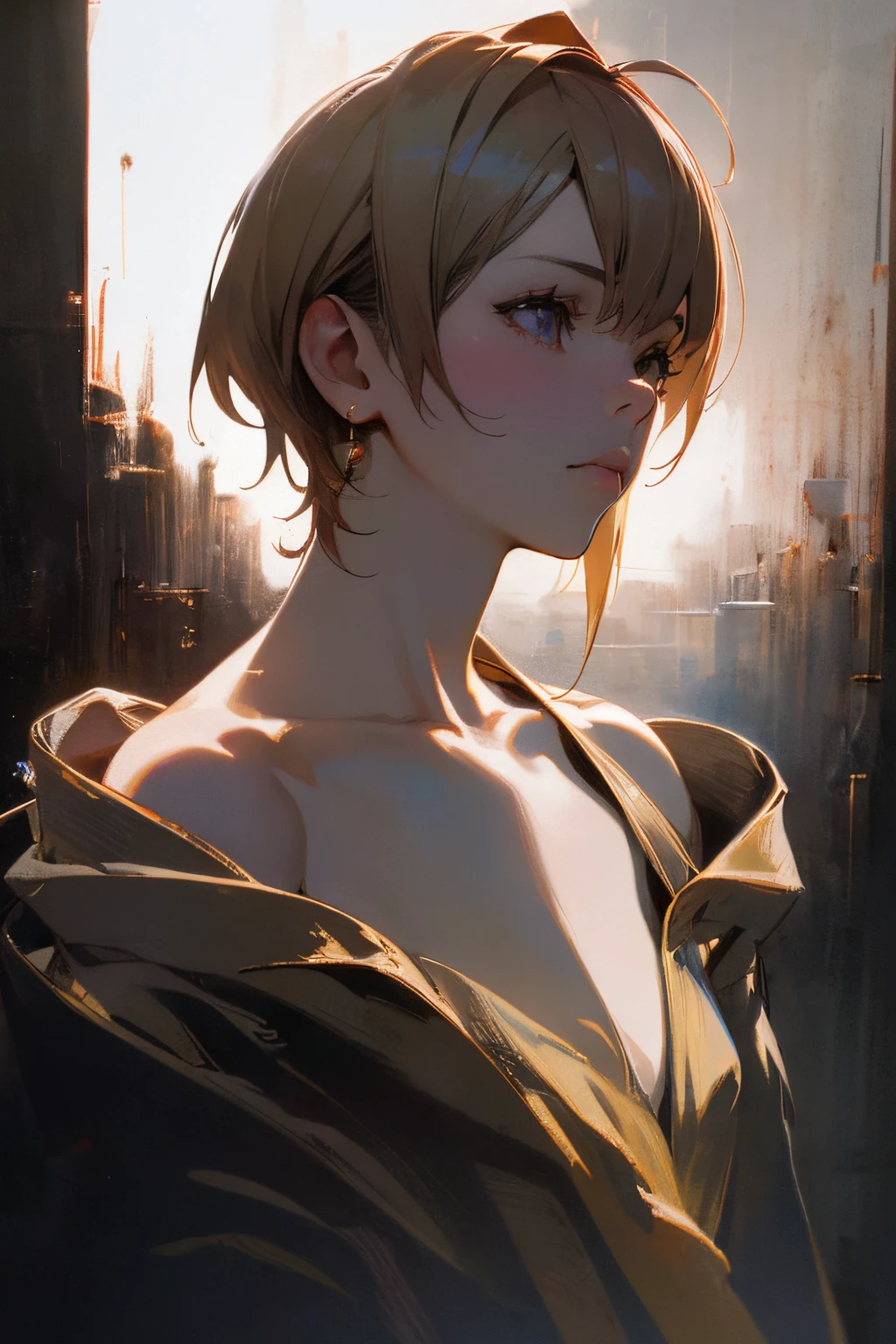 (Best Quality, masutepiece:1.2, 超A high resolution, Realistic:1.5), Raw photo, 1girl in, Off-shoulder, In the Dark, Deep Shadows, low key lighting, Cool color tones, a captivating gaze, Short hair, foggy atmosphere, mystic atmosphere, subtle highlights, dramatic contrasts, Elegant Pose, intense emotion, ethereal beauty, Enchanting darkness, enticing expression
