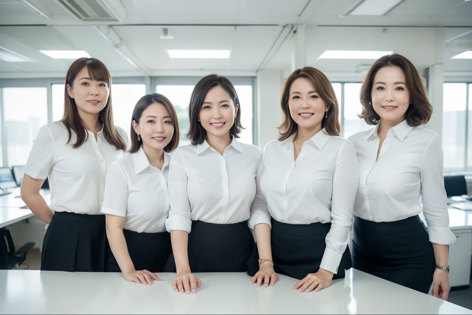 ((Best Quality, 8k, Masterpiecedetails, ultra-high resolution)), (group picture)(looking at the viewer), (full shot:), attractive business 5 milfs, 5 people, a bit chubby:0.25, white collared shirt, grey skirt, (sitting with cross legs on office desks)), smile, office of CEO,