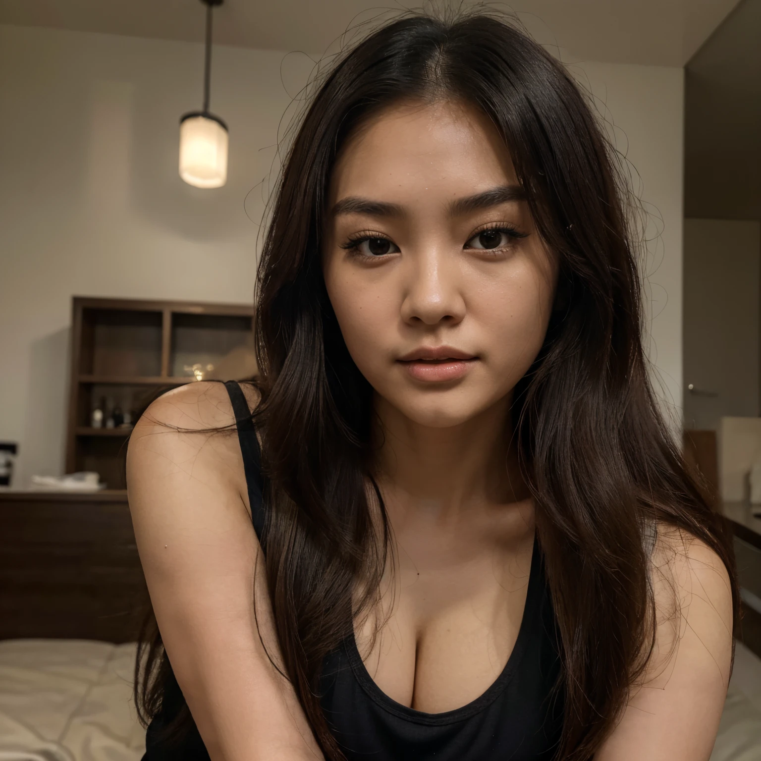 (masterpiece, best quality, ultra high res, beautiful detailed hair detailed face, perfect feminine face), there is a woman with long hair in tank top wearing, black tank top, huge cleavage, an asian woman, asian girl, a young asian woman, south east asian with round face, asian female, beautiful asian girl