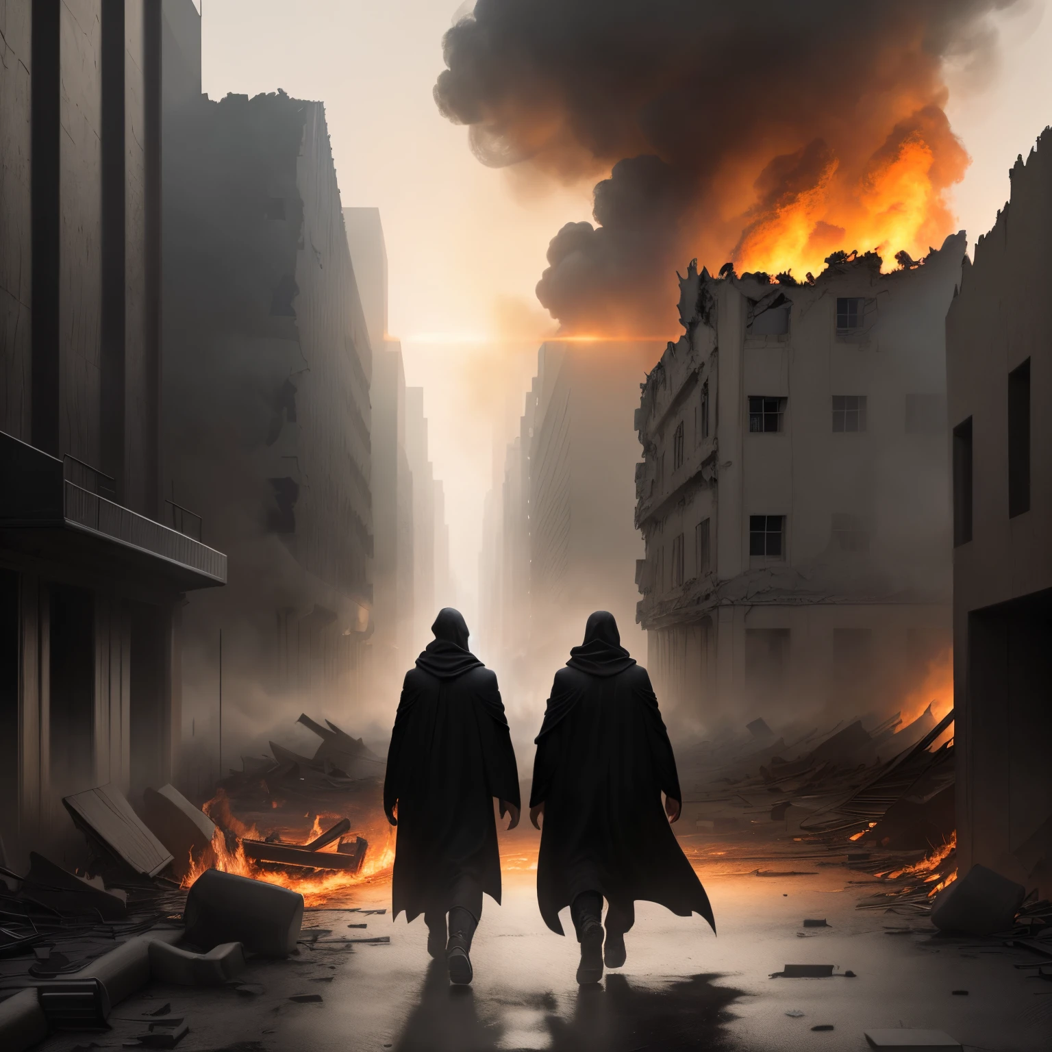 Two men dressing like biblical Old Testament prophets with a mysterious appearance, a realistic 8k head-on image as they walk through a burning city behind them, explosions and debris from buildings