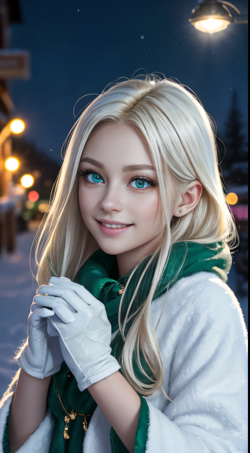 High-definition CG Unity 8K shooting, Cute  girl s, Cute 20 year old girl, silky platinum blonde hair, Shining emerald green eyes, beautiful  Girl, a wonderful goddess, very beautiful silky skin (Super masterpiece, Ultra-realistic, Very detailed face, Beautiful emerald green eyes, Angelic smile, Extremely realistic:1.5), white cold clothes, fuzzy white cap, White blouse, Wearing white gloves, rubbing hands warming up in a snowy street (blue open sky), and smiling, Moonlit night sky, (colorful light lighting), depth of fields,