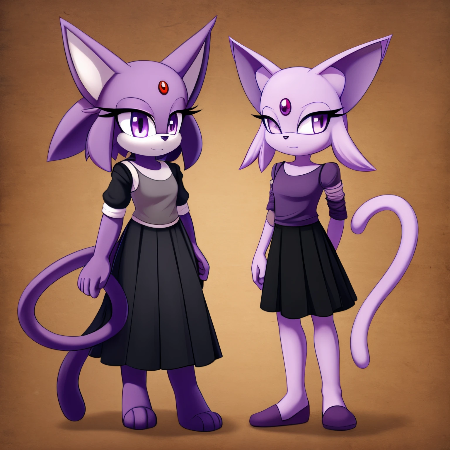 Female, mobian, Espeon, an anthropomorphic cat, purple eyes, furry, calm expression, flowing grey vest with long backside and black trims, long shoulder less sleeves, long black skirt, hair bangs, short hair, light purple muzzle, light purple fur