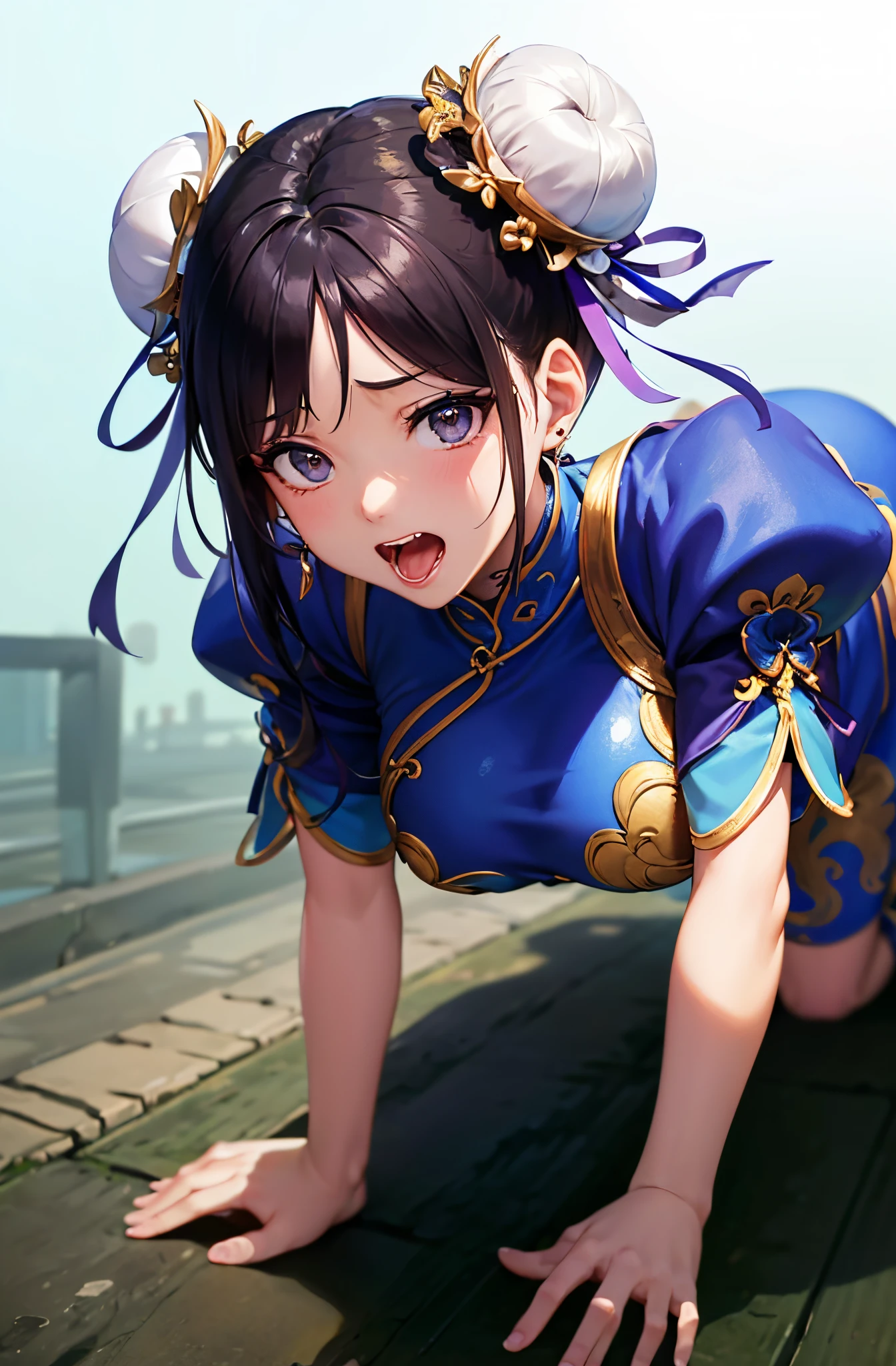 (top-quality:1.5)、(16k wallpaper:1.2)、(Photorealsitic:1.2)、(ultra-detailliert:1.2)、(超A high resolution:1.2)、super-detaild skin、Detailed and clean eyes、Tsuriformes、Beautiful eyeshadow、(Have sex surrounded by men:1.5)、(in a street:1.3)、(Overflowing sperm:1.2)、all-fours、Blue Chun-Li Costume、Japan 18-year-old woman、Natural Color Lip、large full breasts、Bun hair、Screaming、Brown stockings、Clean five fingers、(AHE Face)