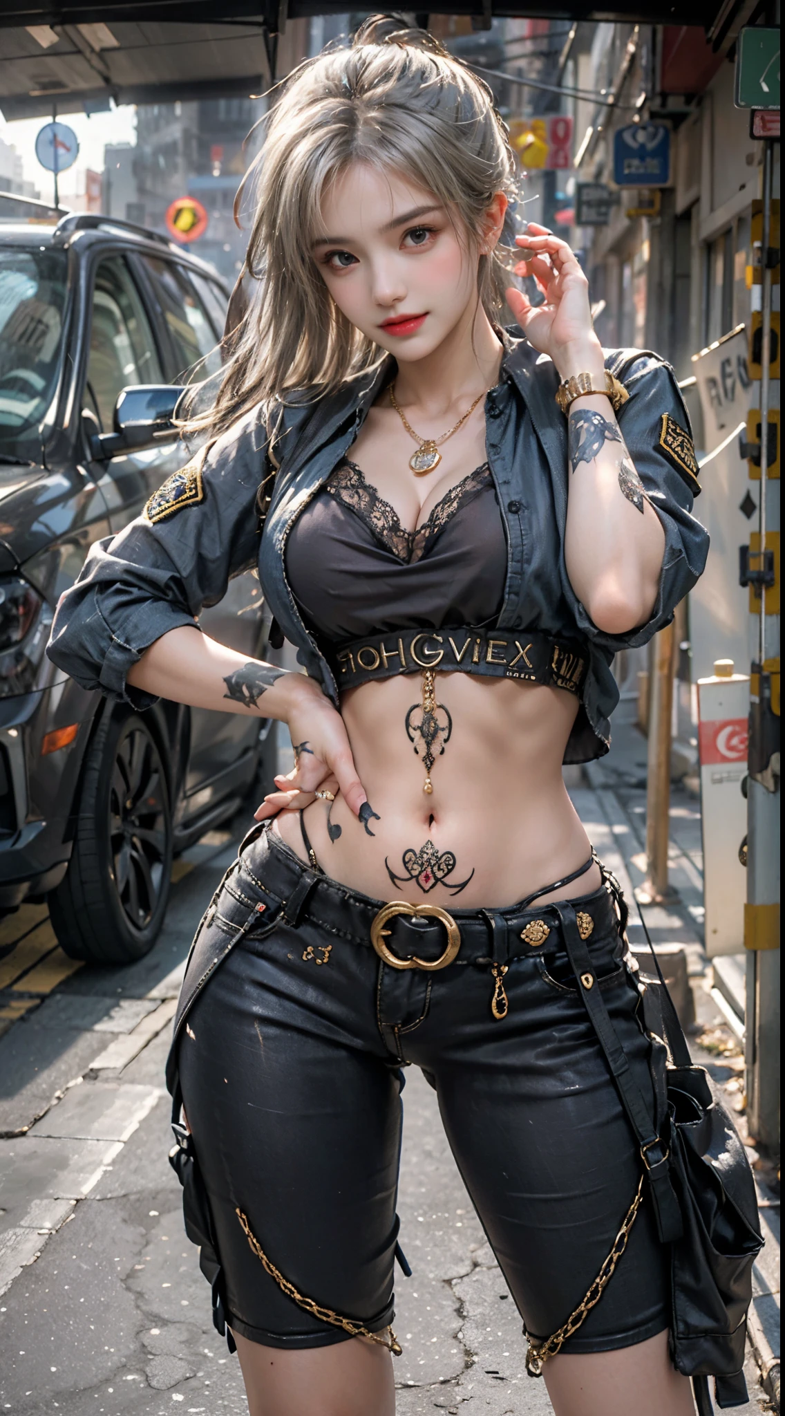 Photorealistic, High resolution, Soft light,1womanl, Solo, hips up high, (Detailed face),The tattoo, Jewelry, street wear, Beautiful Soldier, An eye that invites the viewer, Lover's perspective, inviting expression, Sexy smile, Perfect Style, Perfect balance, Detailed skin, Naughty gaze, Chest visible、full bodyesbian