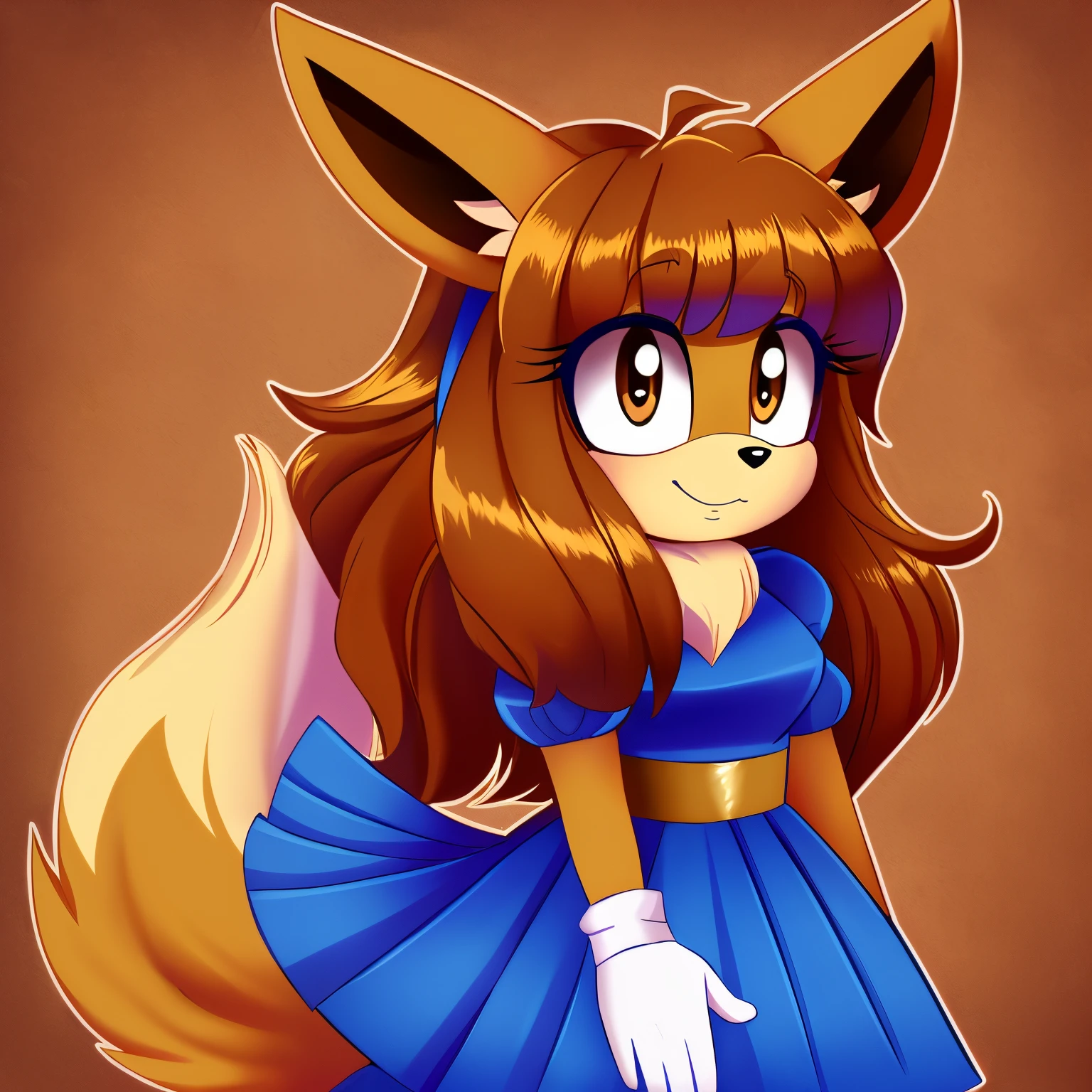 Female, mobian, eevee, an anthropomorphic fox, mane of fur, brown eyes, furry, sly expression, black top with puffy white sleeves, blue skirt, hair bangs, long hair, fluffy muzzle, brown muzzle, brown fur