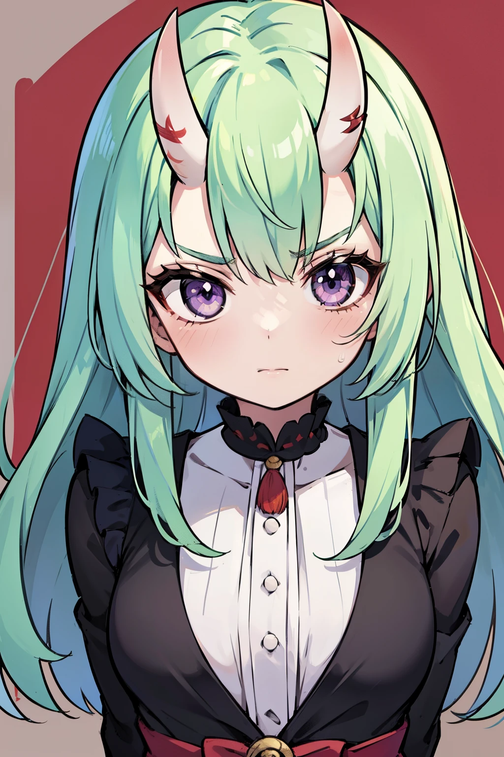 masterpiece, best quality, 4k, face close-up, portrait, 1girl, solo, beige hair, light green hair, pale green hair long hair, purple eyes, slit pupils, small breasts, ((oni girl, oni horns)), serious, neutral, angry, white blouse, one piece blouse, medieval fashion, standing, arms behind back, looking at viewer, grafitti background, abstract background