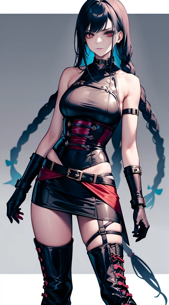 (dramatics), (grittiness), (drastic),A female model,((Robotic arm)),Tattoos are,red colour,She wears a studded PVC corset,(blue long hair),(dual horsetail),There are feathers on the shoulders, ((kneehigh boots)),Superskirt,(fishnet leggings).Rose flower,Fashionab, maam, Raised sexy,with dynamism, The background is dark and tough,There is a sense of danger and intensity。Adds to the overall drama and excitement。The color palette is dominated by dark colors,Dotted with bright colors,rich colourful,Self-confident,boldness,Striking,Fashionab,ingenious、modern、Uptrend、Focus on the pubic hair、(White background plate)。