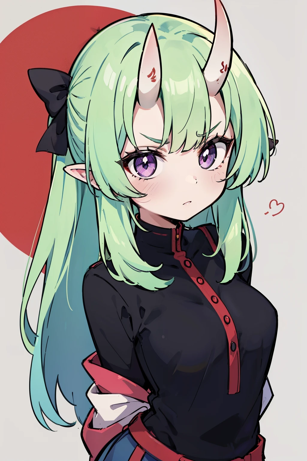 masterpiece, best quality, 4k, face close-up, portrait, 1girl, solo, beige hair, light green hair, pale green hair long hair, purple eyes, slit pupils, small breasts, ((oni girl, oni horns)), serious, neutral, angry,  white blouse, one piece blouse, medieval fashion, standing, arms behind back, looking at viewer, grafitti background, abstract background