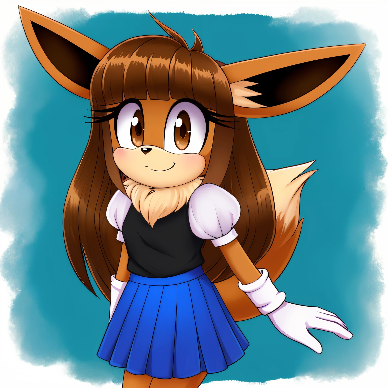 Female, mobian, eevee, an anthropomorphic fox, mane of fur, brown eyes, furry, sly expression, black top with puffy white sleeves, blue skirt, hair bangs, long hair, fluffy muzzle, brown muzzle, brown fur