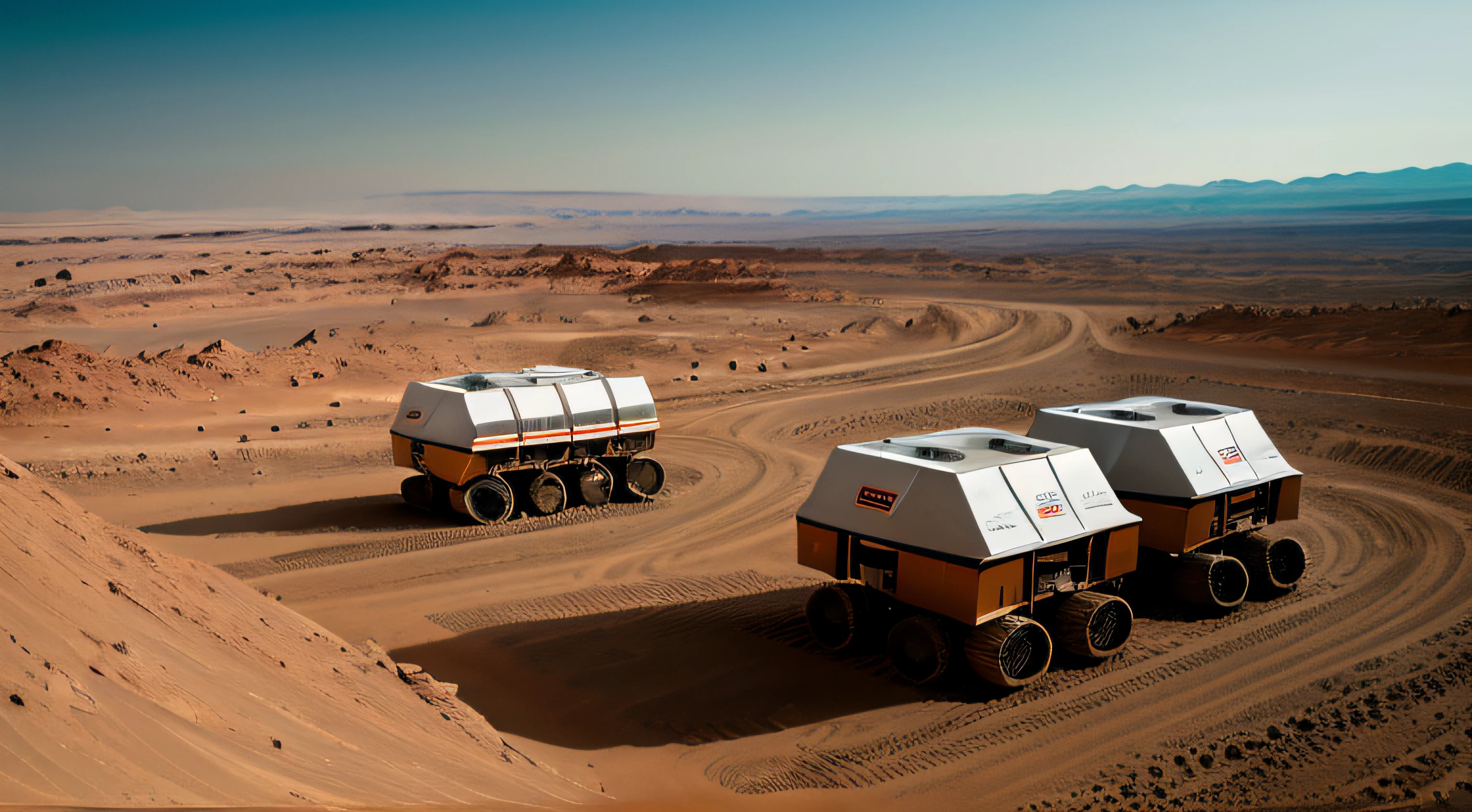 On Mars,Multiple engineering vehicles are building Mars scientific research centers and roads。Mars daytime,Construction machinery,Construction vehicle details,basic architectural details,super wide shot,High realism,lightand shade contrast,