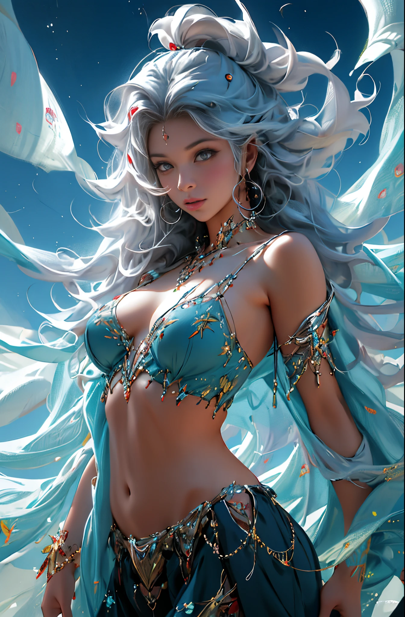 Anime girl standing in the water，Long white hair and blue dress, detailed digital anime art, 2. 5d CGI anime fantasy artwork, 8K high quality detail art, anime fantasy illustrations, fantasy art style, white-haired god, Anime fantasy artwork, Epic and beautiful character art, Advanced digital animation art, hyper-detailed fantasy character, Fanart's Best Art Station, Very detailed ArtGerm，（tmasterpiece，Best quality：1.4），Light painting，（long term exposure：1.2），dynamic streaks，Luminous trajectory，vibrant with colors，Smooth movement，Charming Patterns，Creative experimentation，（1个Giant Breast Girl），（highest details），（Denim lenses： 1.2)、dynamicposes，Realistic face，Clothes translucent，bared  chest