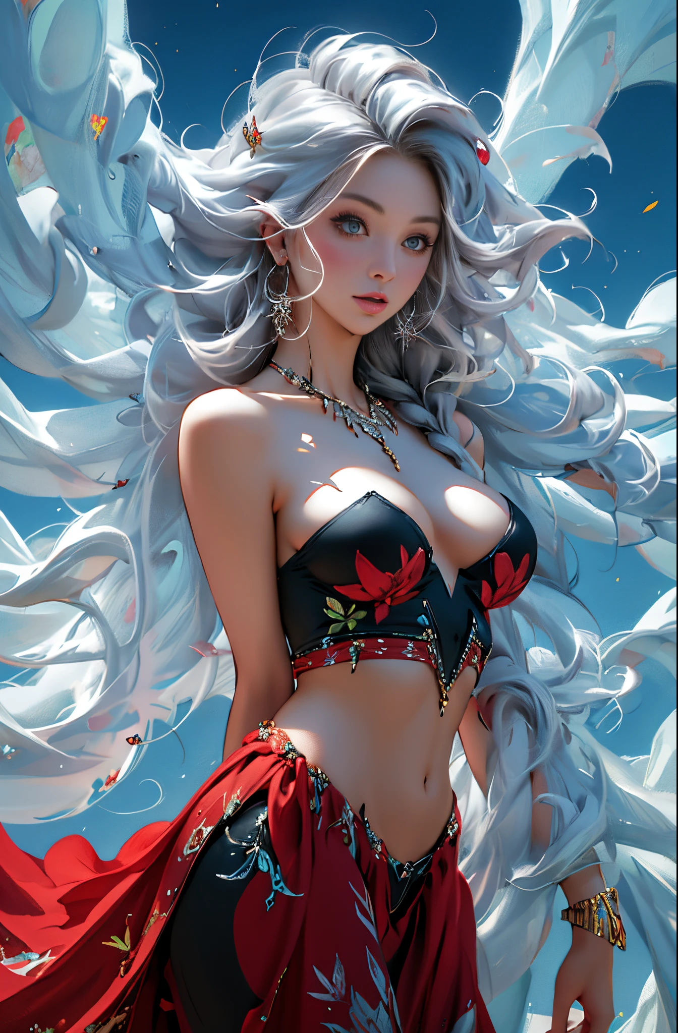 Anime girl standing in the water,Long white hair and blue dress, detailed digital anime art, 2. 5d CGI anime fantasy artwork, 8K high quality detail art, anime fantasy illustrations, fantasy art style, white-haired god, Anime fantasy artwork, Epic and beautiful character art, Advanced digital animation art, hyper-detailed fantasy character, Fanart's Best Art Station, Very detailed ArtGerm,(tmasterpiece,Best quality:1.4),Light painting,(long term exposure:1.2),dynamic streaks,Luminous trajectory,vibrant with colors,Smooth movement,Charming Patterns,Creative experimentation,(1个Giant Breast Girl),(highest details),(Denim lenses: 1.2)、dynamicposes,Realistic face,Clothes translucent,bared chest