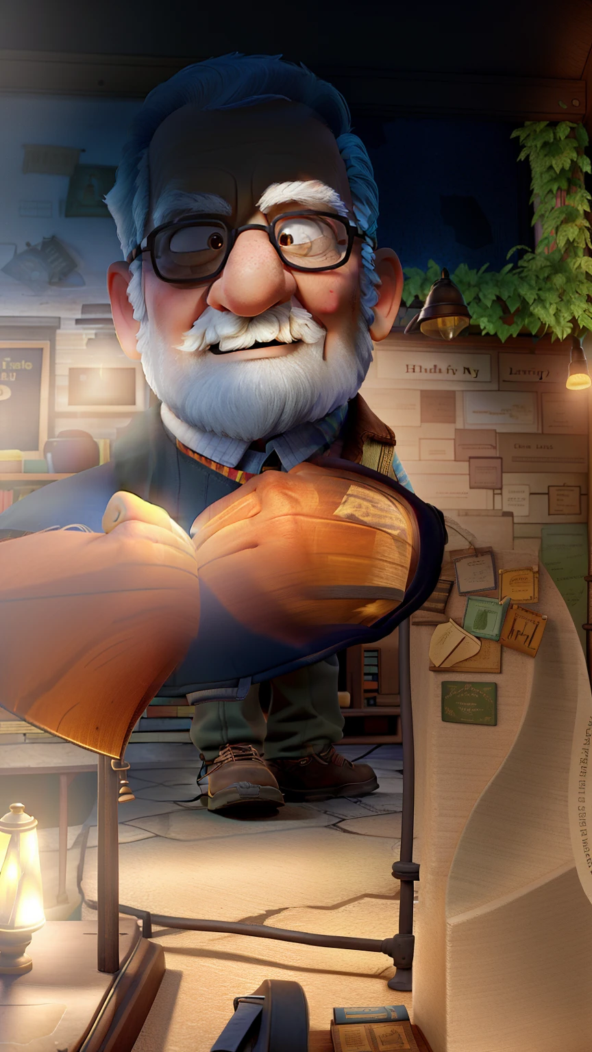 A wise old man standing in front, illuminated by the light of a lamp, against the backdrop of a library