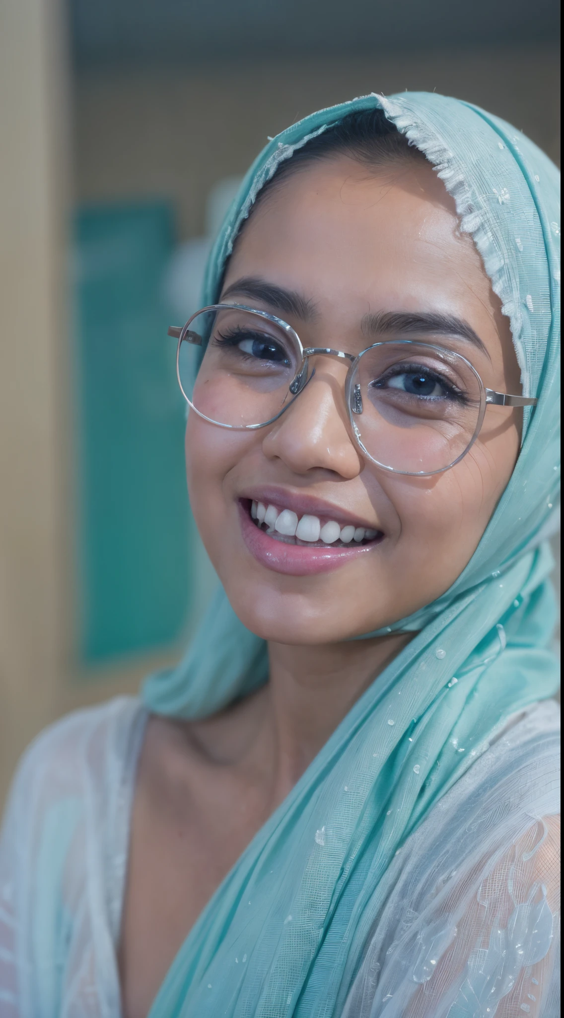 (masterpiece, best quality:1.2), nude portrait shot, solo, 1 malay girl naked in seducing pose, smile, cum in face, looking at viewer, light blue pastel color hijab, eyewear on head, naked, very big sagging breast, style raw, pastel color grading, Super 8mm lense, Deep Focus cinematography effect